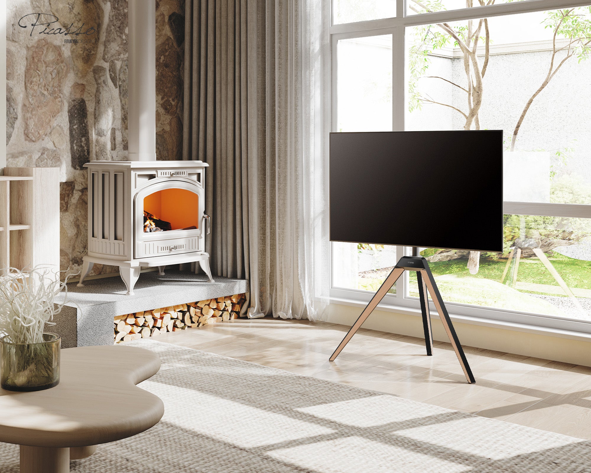 FITUEYES Picasso Triangular TV stand by the fireplace