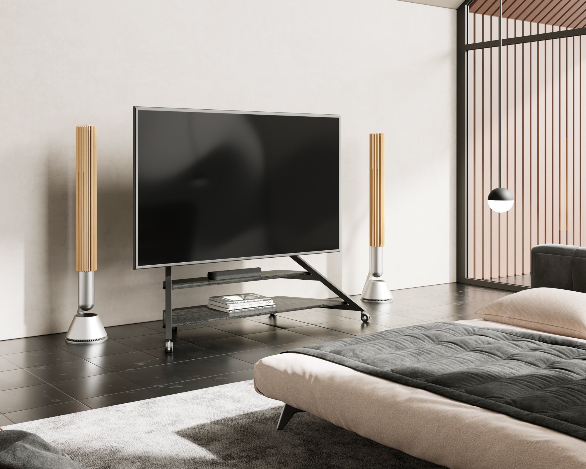 Black modern floor TV stand with wheels for 75-100 inch screens in the bedroom
