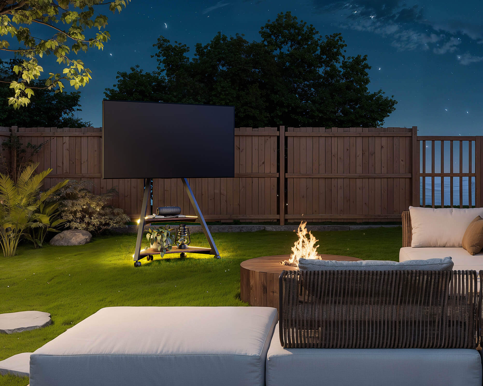 Minimalist floor tv stand on castors used in a backyard entertainment area