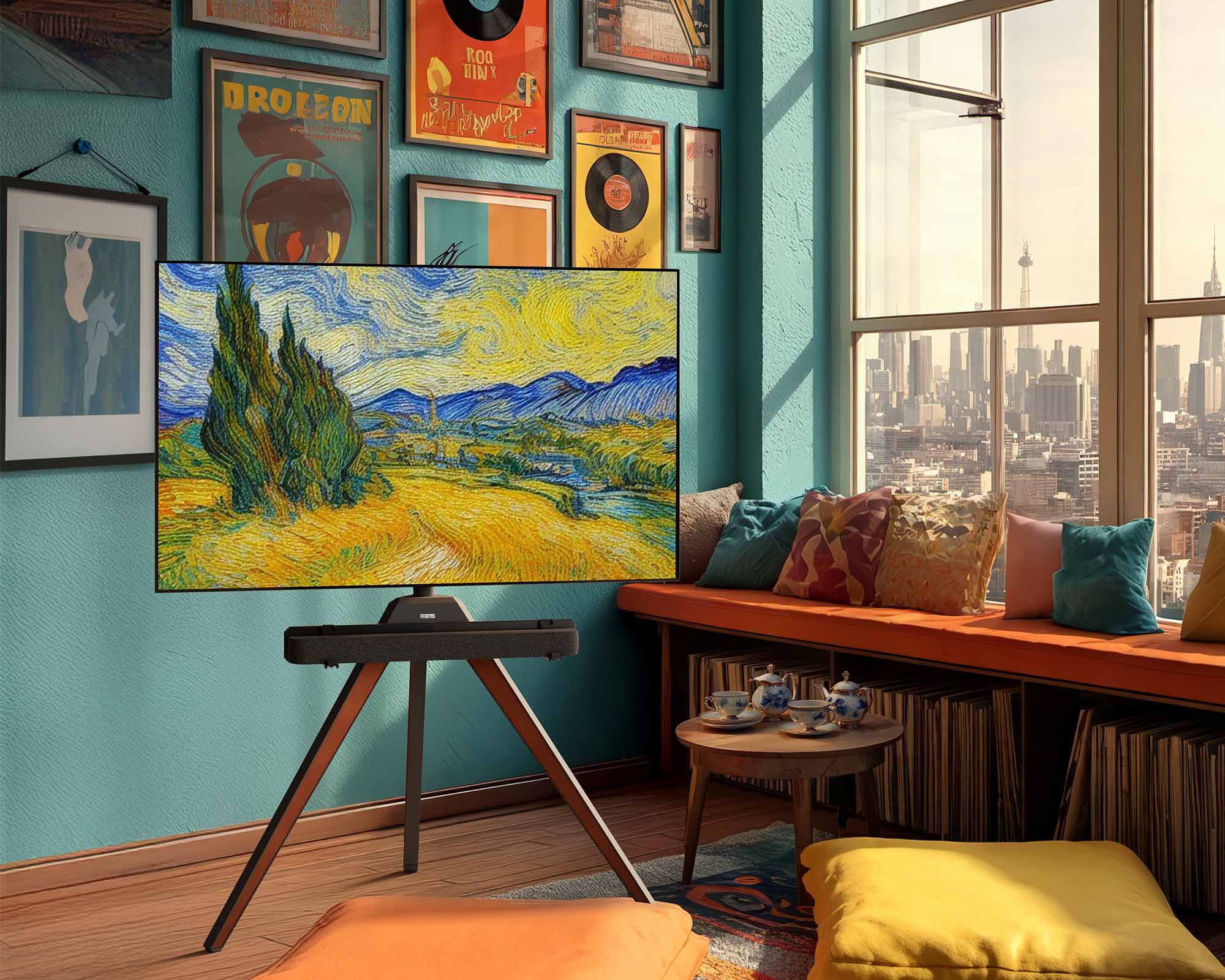 Easel TV stand with soundbar bracket in the corner