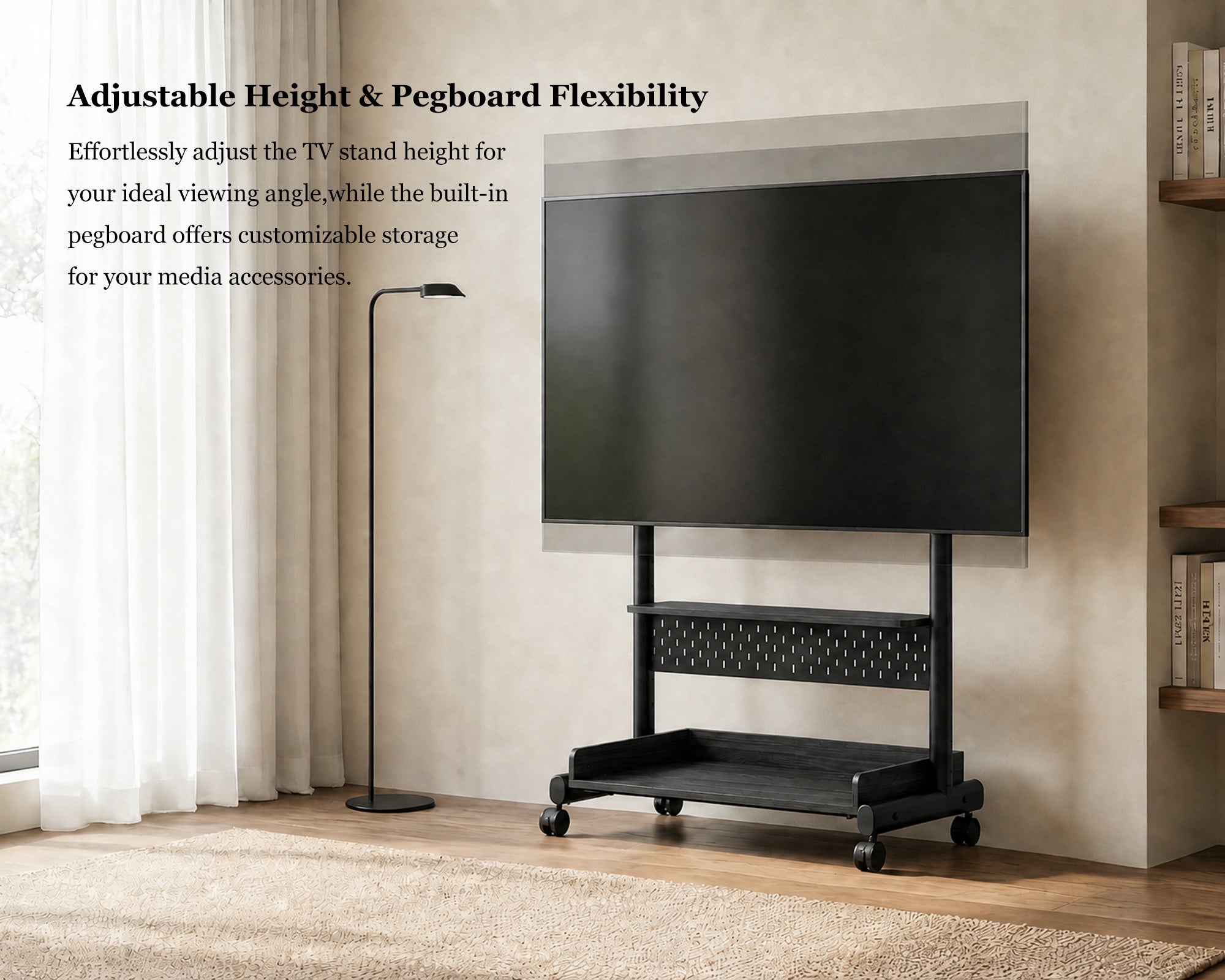 Height-adjustable black K TC85 TV stand with flexible pegboard accessory storage