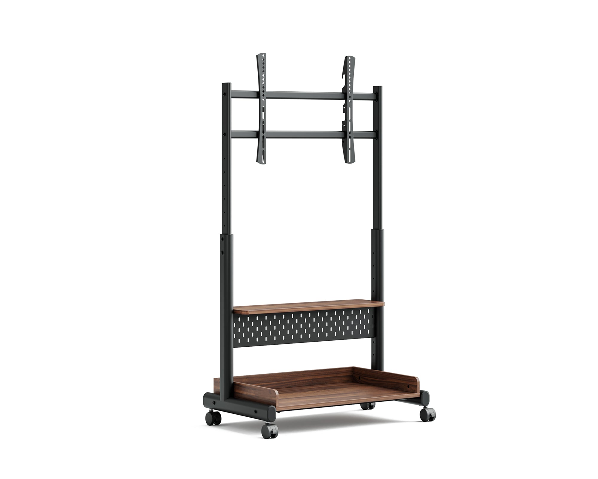 Walnut K TC85 S2 mobile TV stand frame with VESA mount, shelf and castors