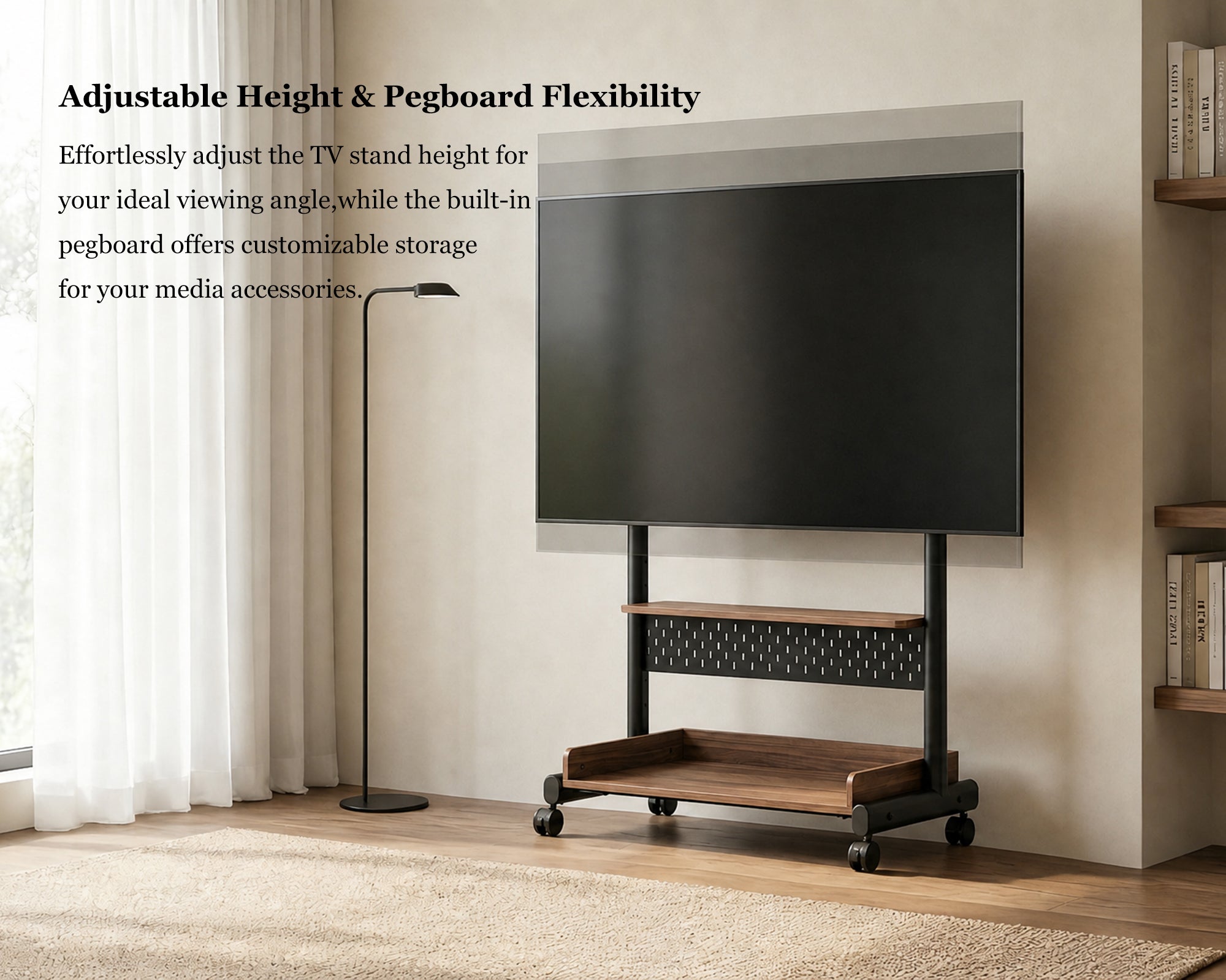 Height-adjustable walnut K TC85 rolling TV stand with flexible pegboard storage