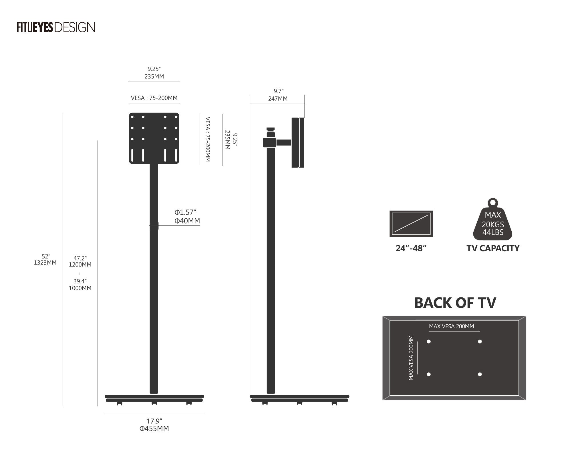 Master V2 PRO FT48 Floor TV Stand With Wheels