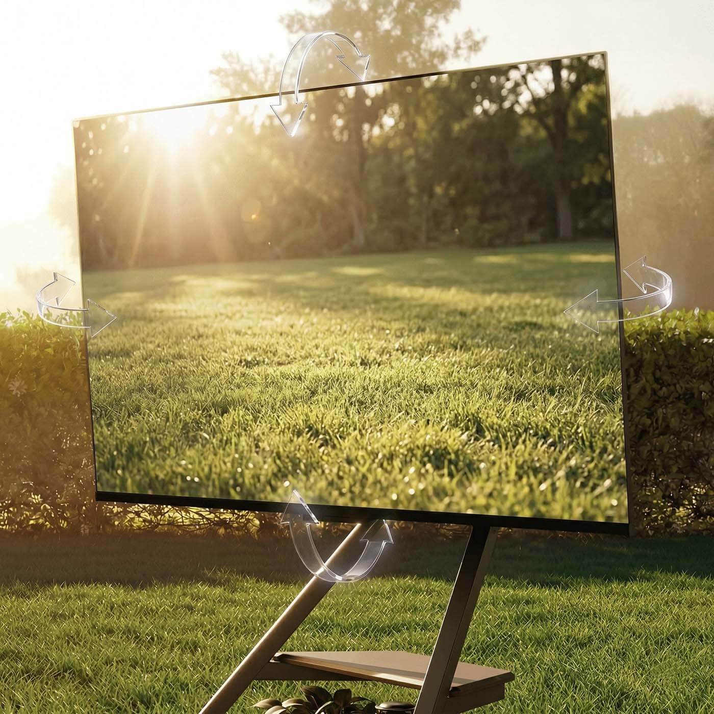 Outdoor Eiffel television stand showing its screen swivel and tilt on a lawn