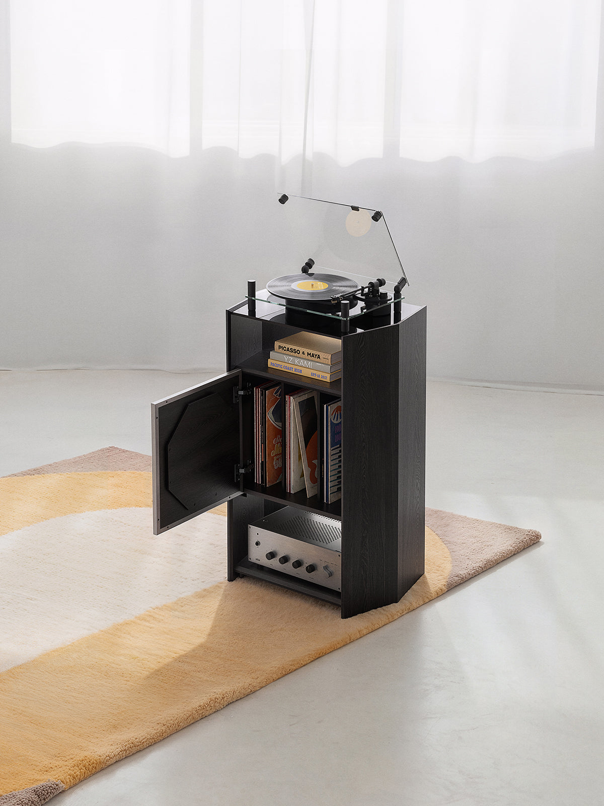 Picasso RS05 black record player stand with open vinyl storage and turntable