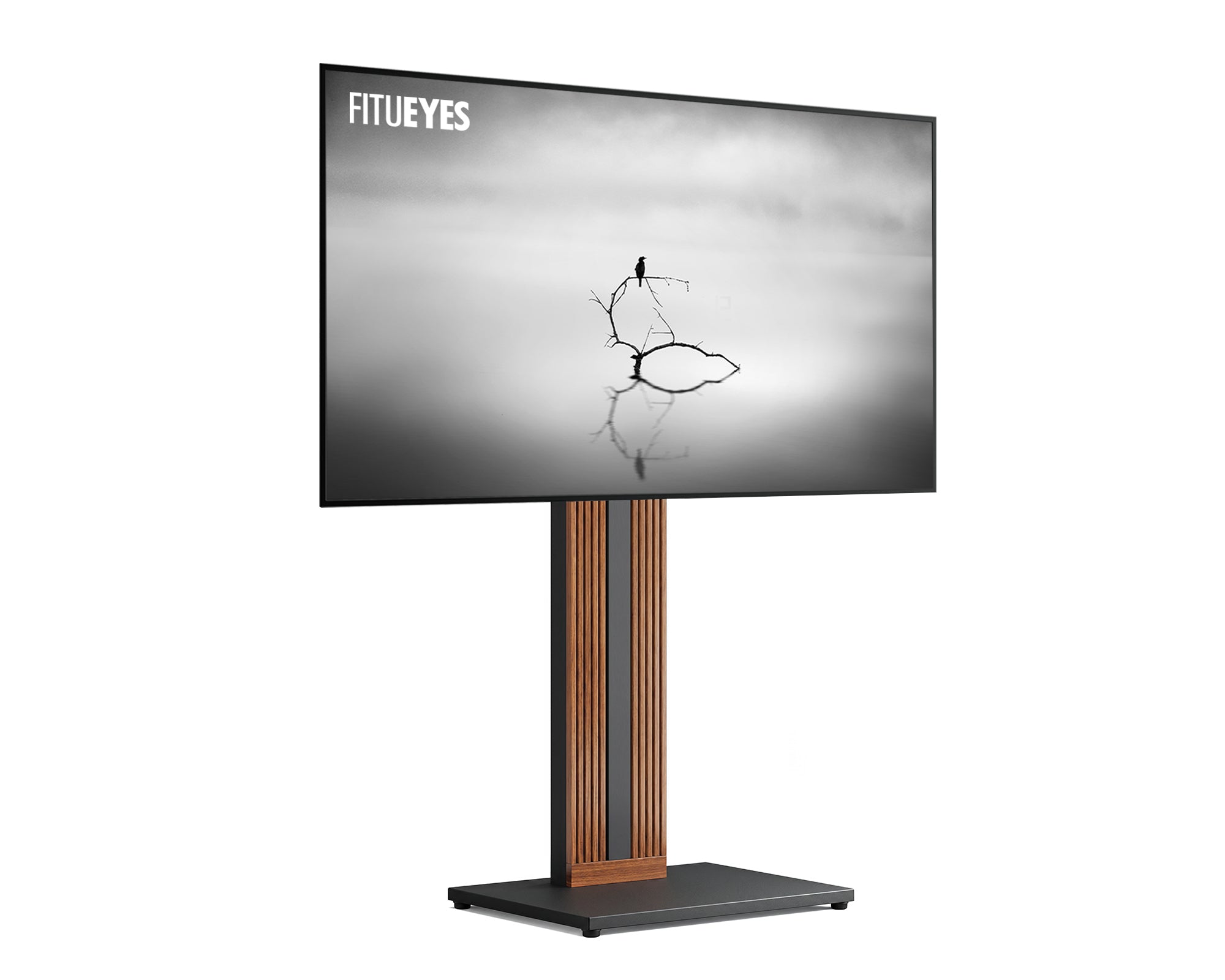 Zen FT65 walnut pedestal TV stand on a black base with monochrome artwork on screen