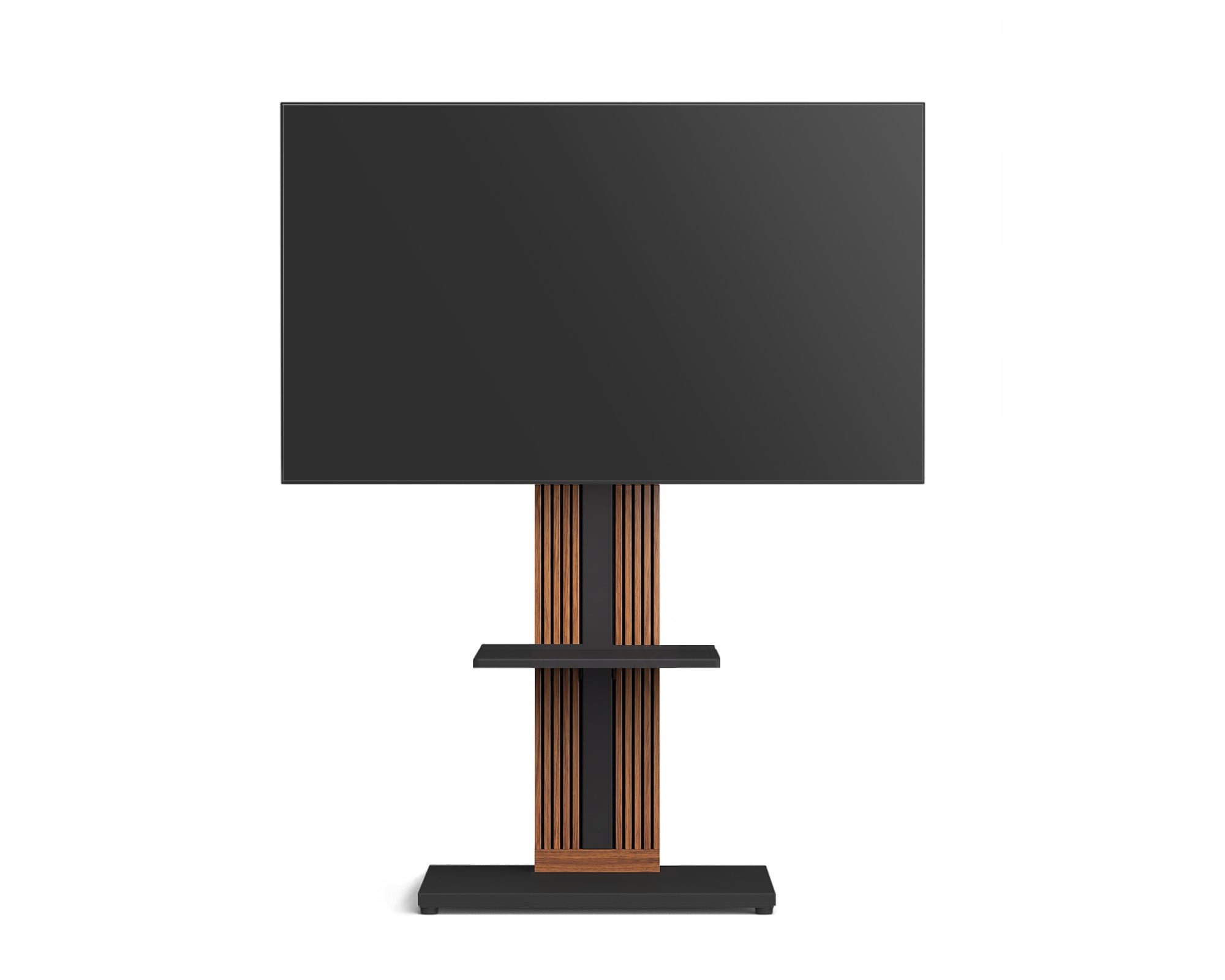 Zen FT65 walnut freestanding TV stand with a single black storage shelf