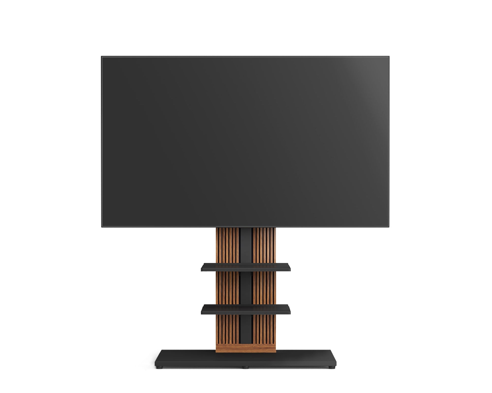 Zen FT88 walnut TV stand with dual display shelves and a black base on a white background