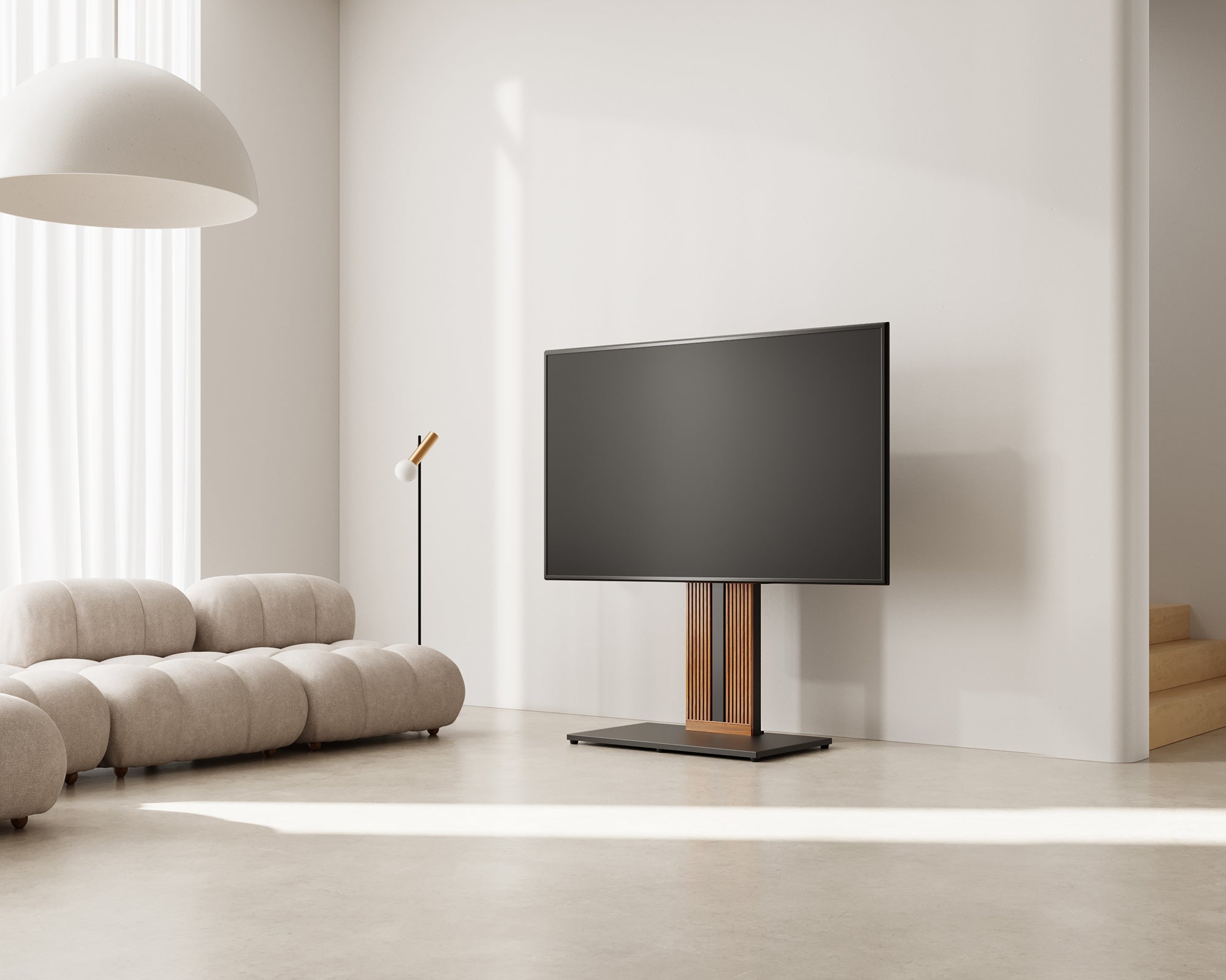 Compact lounge with a walnut Zen FT88 pedestal TV stand beside a curved sofa