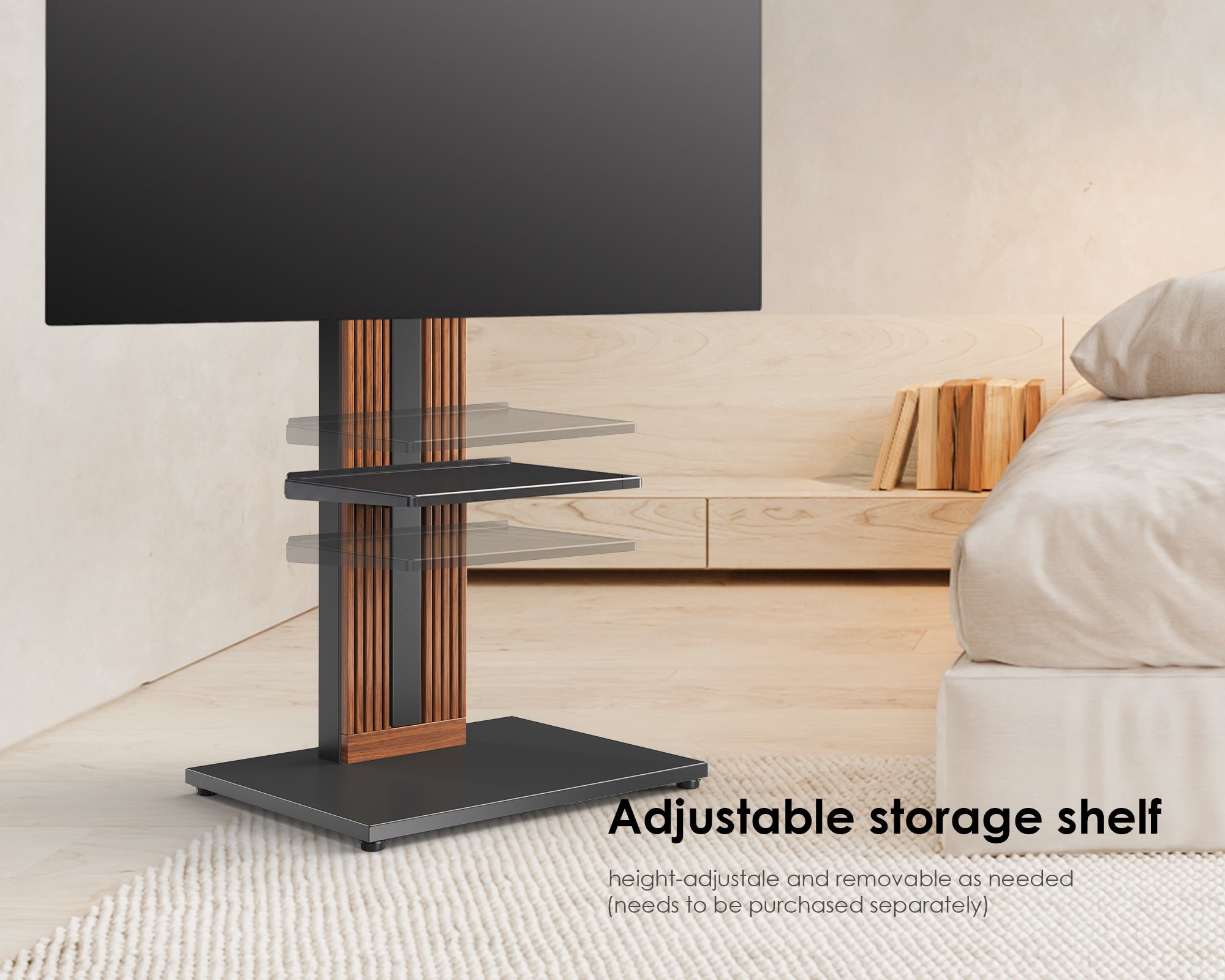 Walnut Zen FT65 freestanding TV mount with an adjustable shelf for media players