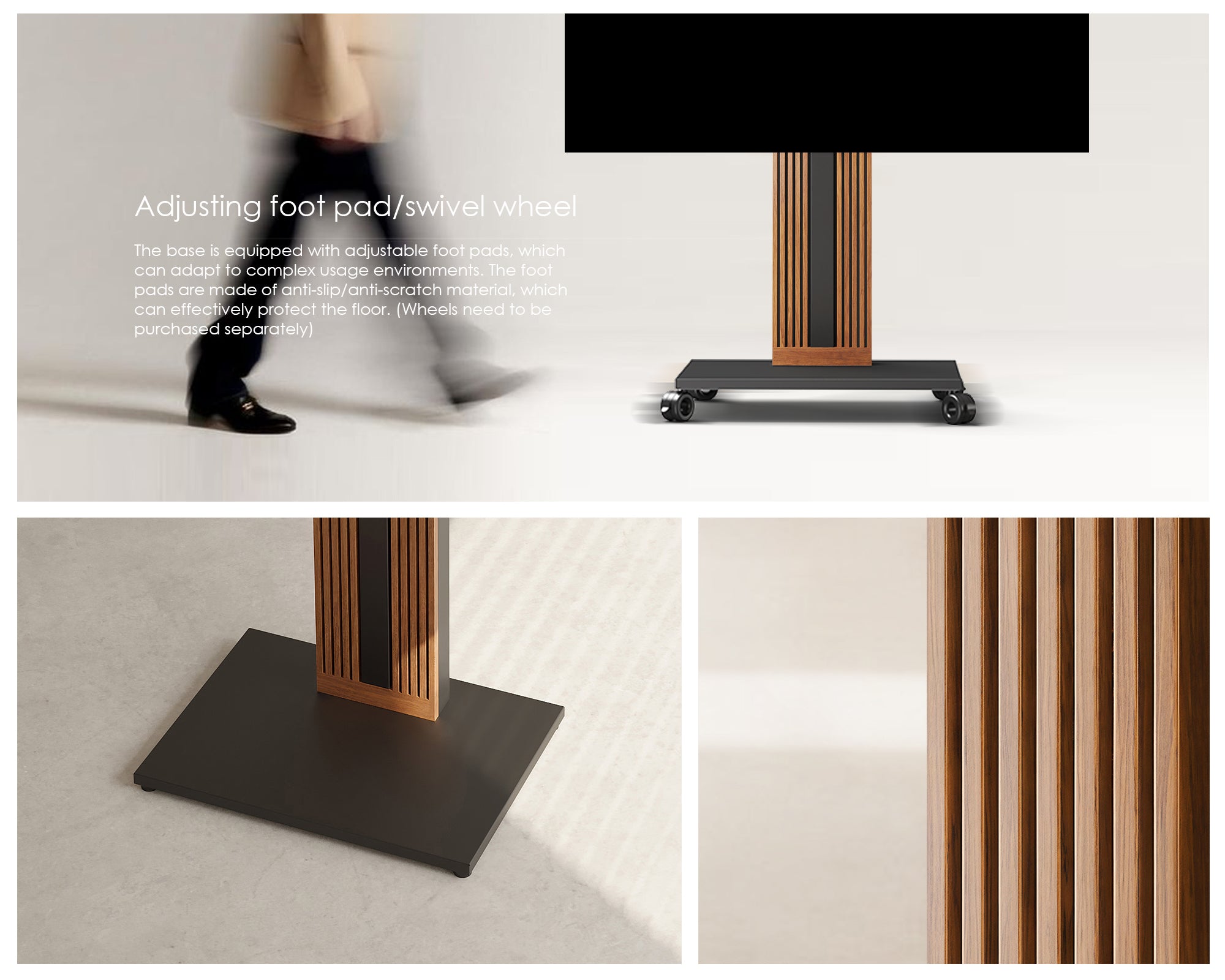 Zen FT65 walnut TV stand with levelling feet or swivel castors and slatted column detail