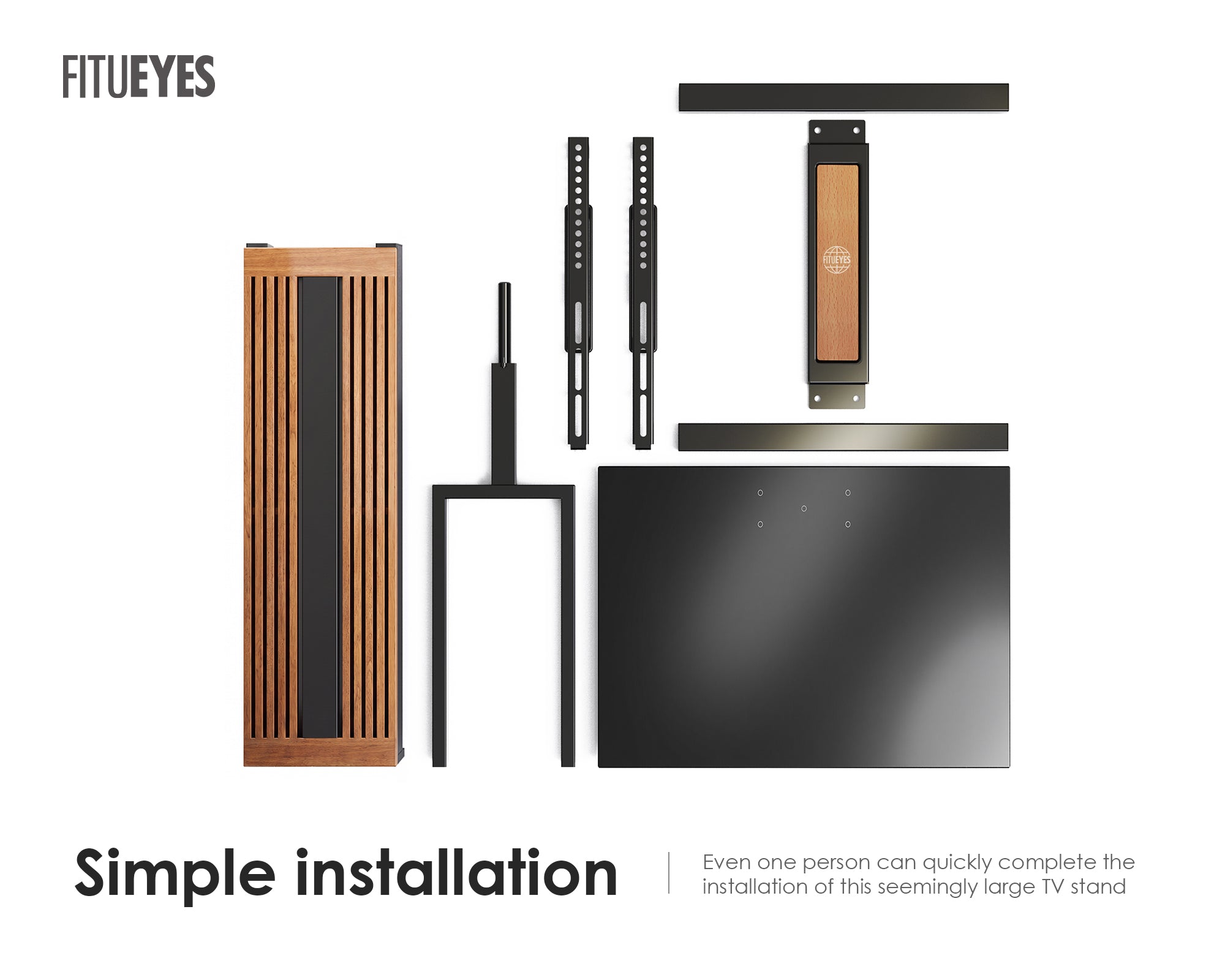 Exploded view of Zen FT65 walnut TV stand components for simple one-person assembly