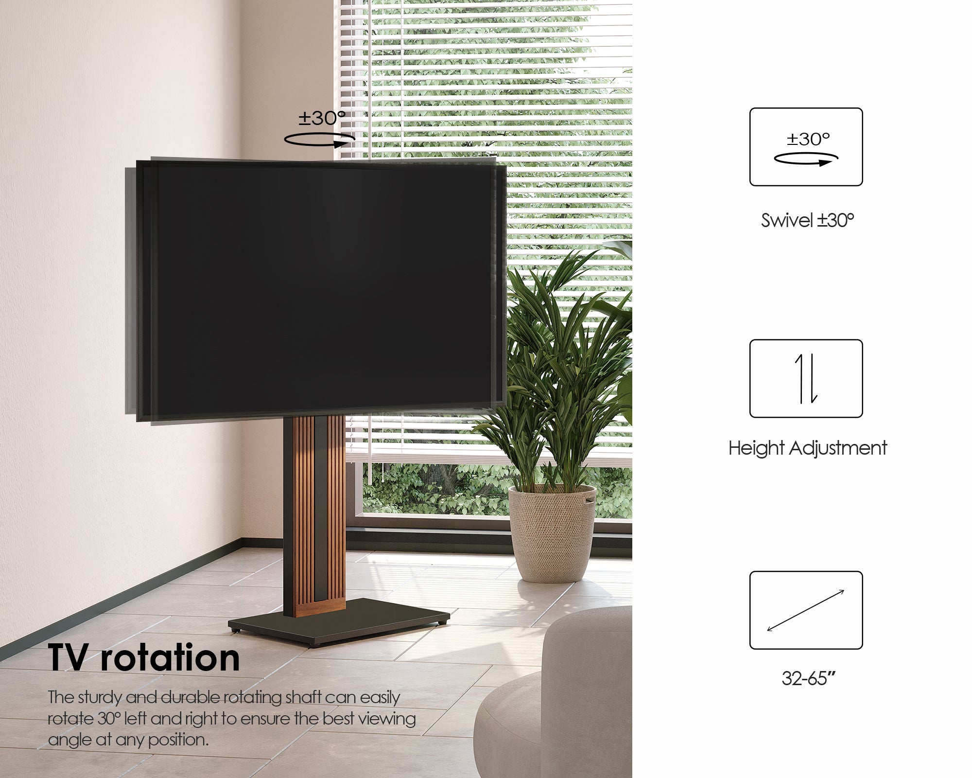 Walnut Zen FT65 floor TV stand showing 30-degree swivel and adjustable screen height