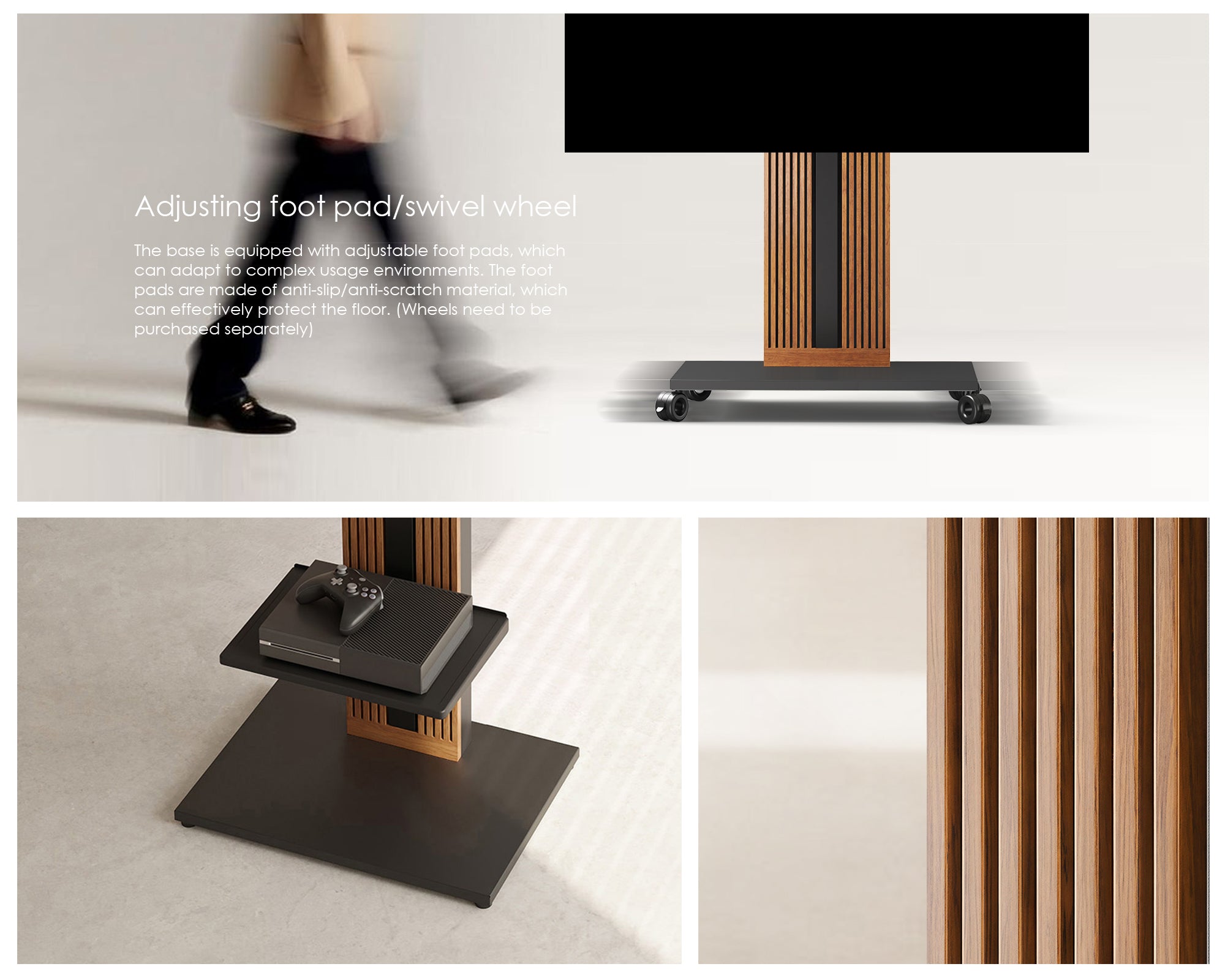 Zen FT88 walnut TV stand with levelling feet or swivel castors and a close-up of the slatted column