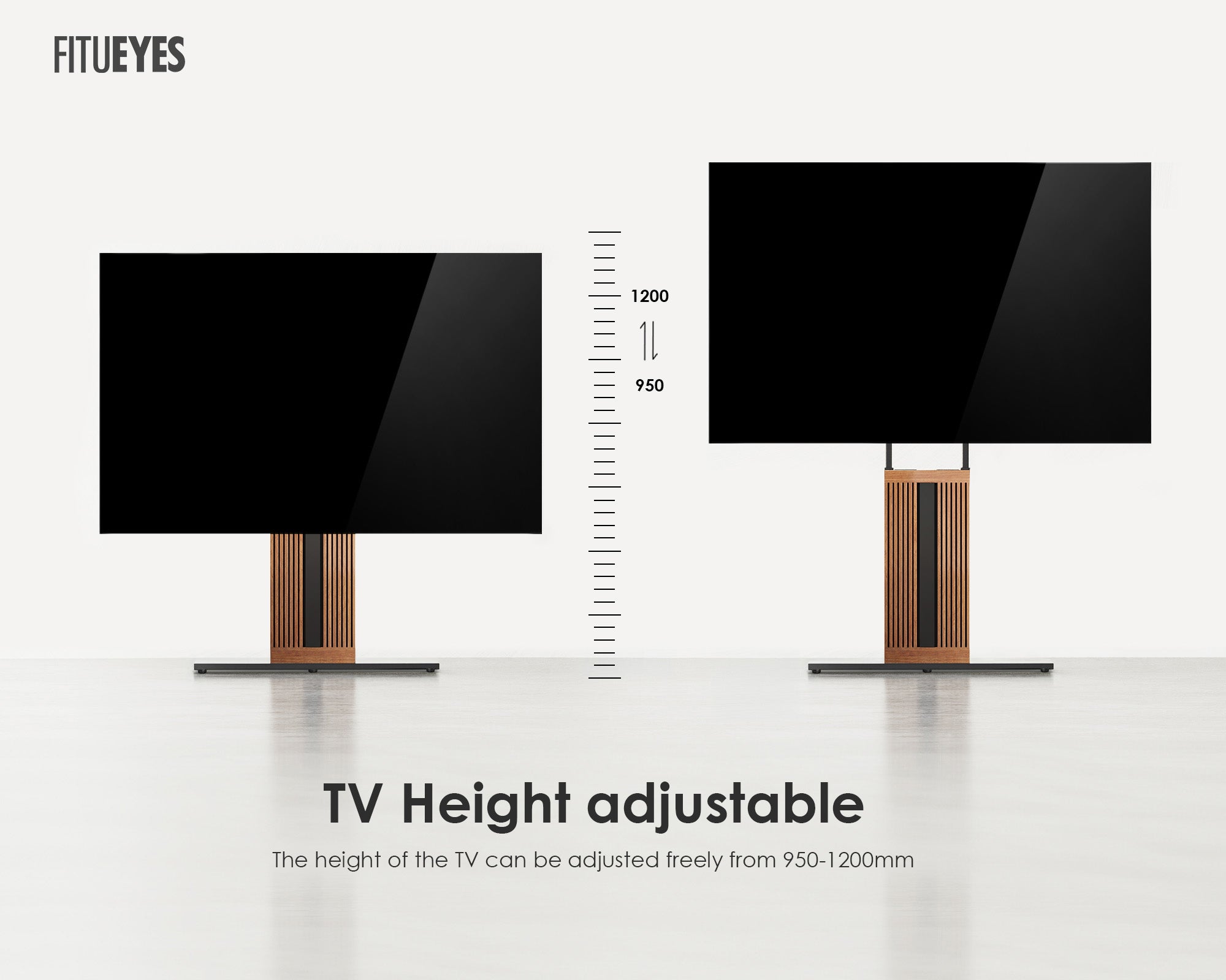 Zen FT88 height-adjustable walnut TV stand shown at two screen positions