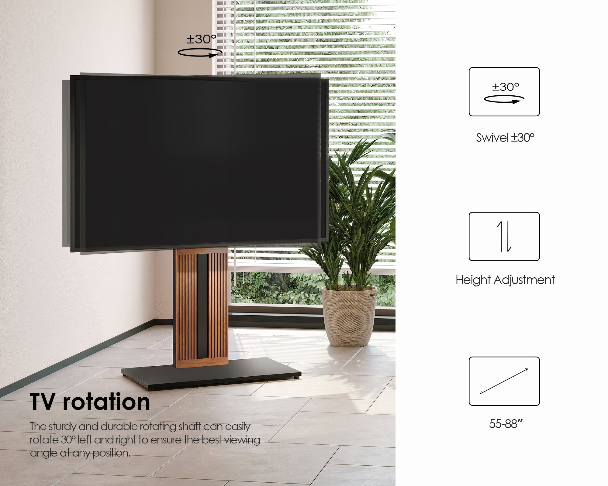 Walnut Zen FT88 floor TV stand showing 30-degree swivel and height adjustment in a bright living room