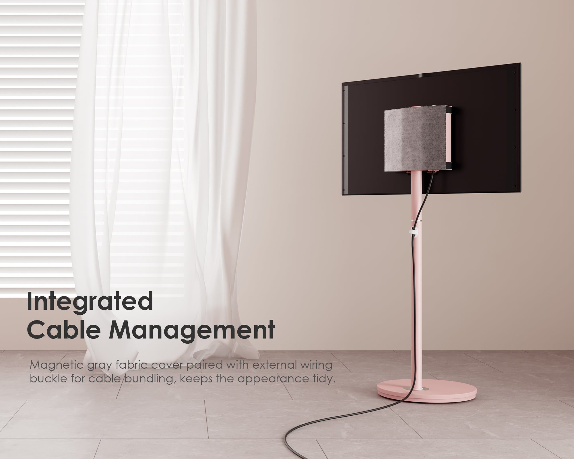 Pink TV stand with cable management feature