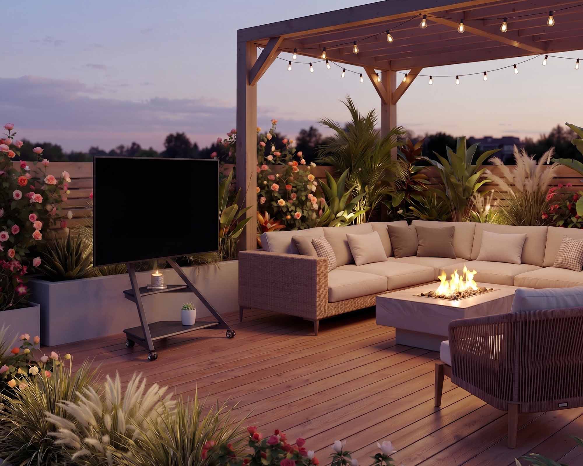 Portable tv stand used outdoors on a patio with greenery and soft lighting