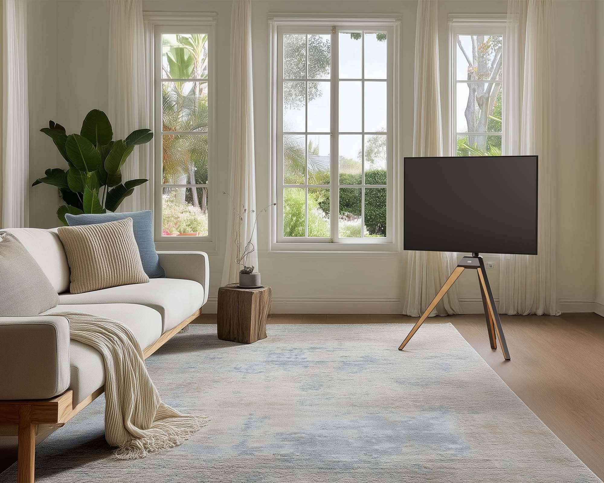 FITUEYES Maple TV stand in a bright French-style living room