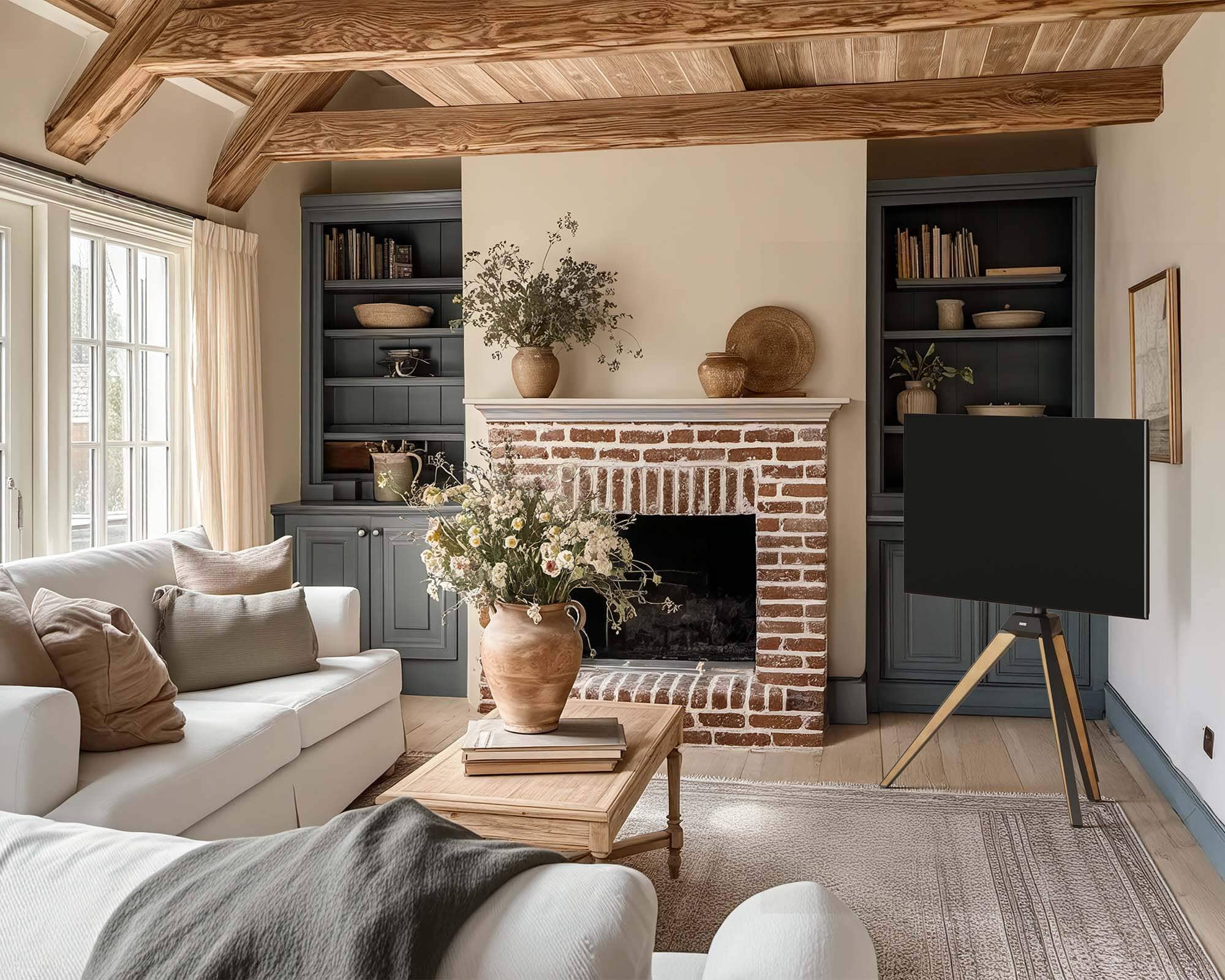 maple TV stand in the living room corner