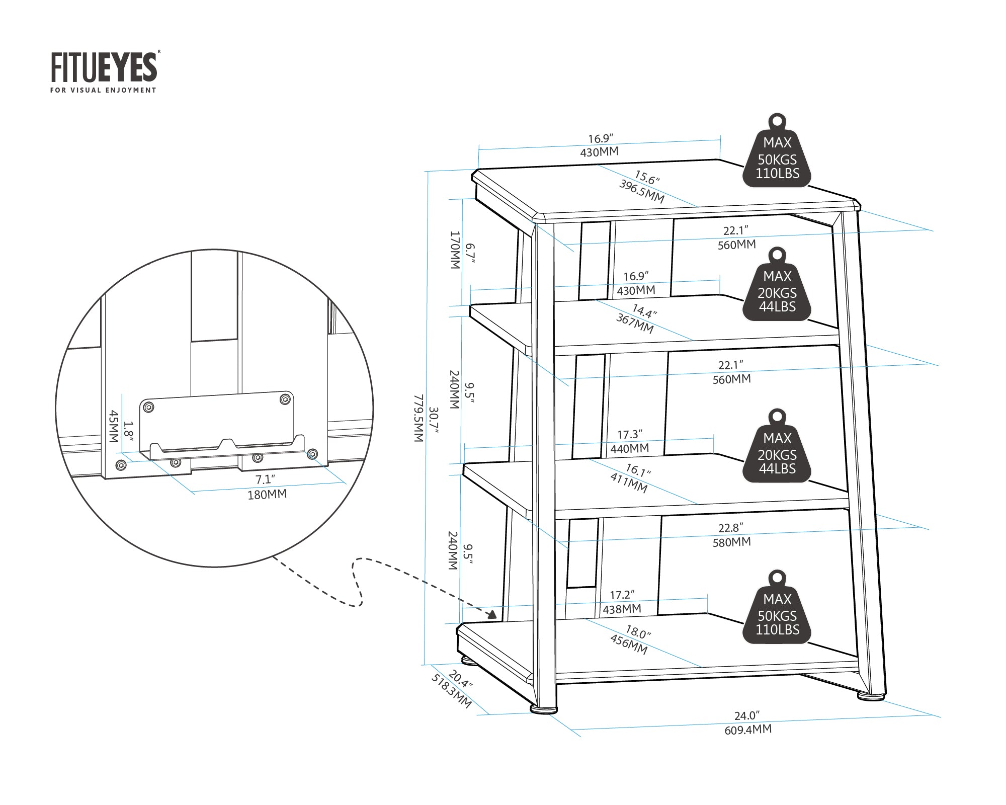 FITUEYES Eiffel Series F07 HiFi stand  Dimension Drawing