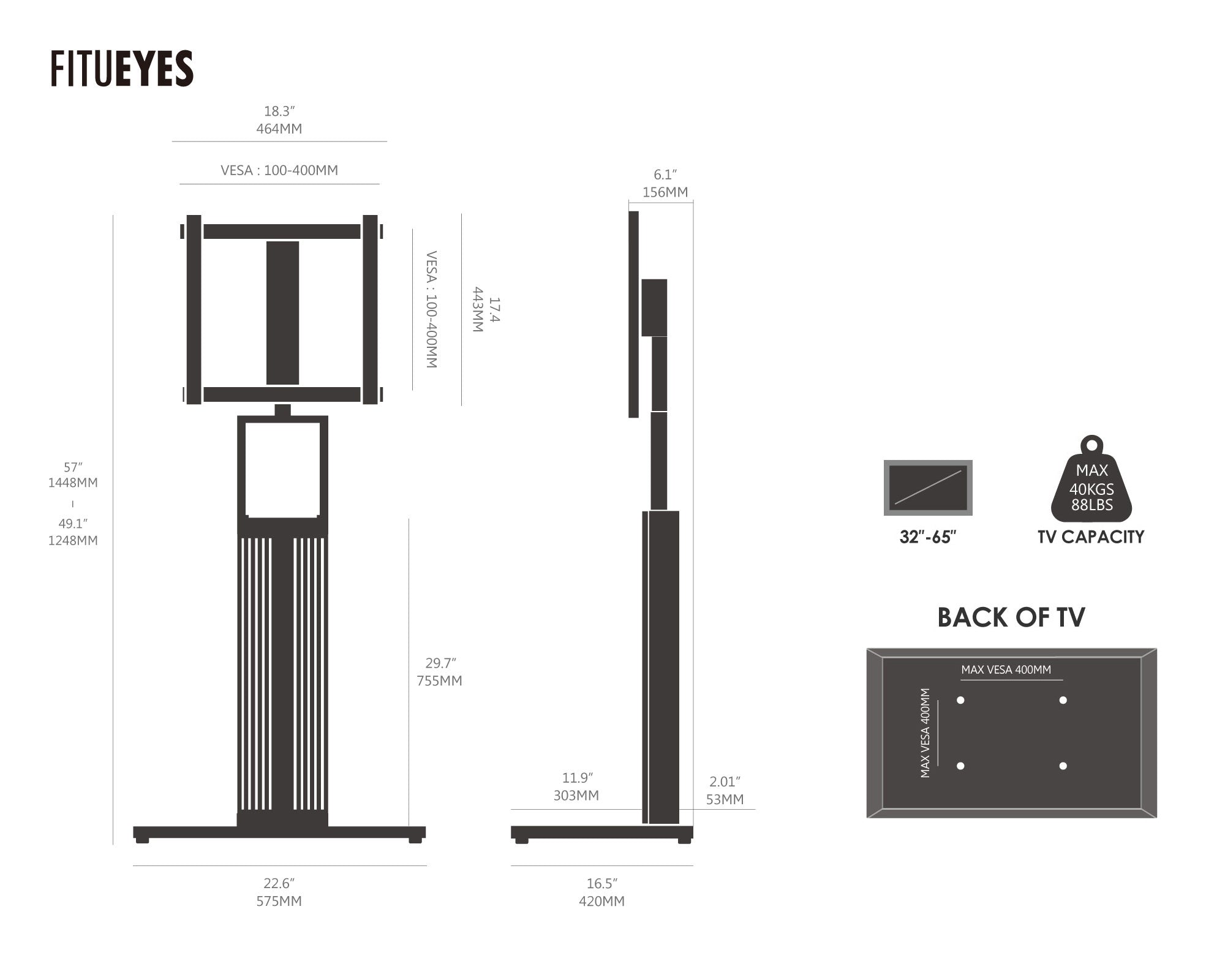 FITUEYES Zen FT65 high white floor TV stand dimensions and VESA mounting guide for 32- to 65-inch TVs