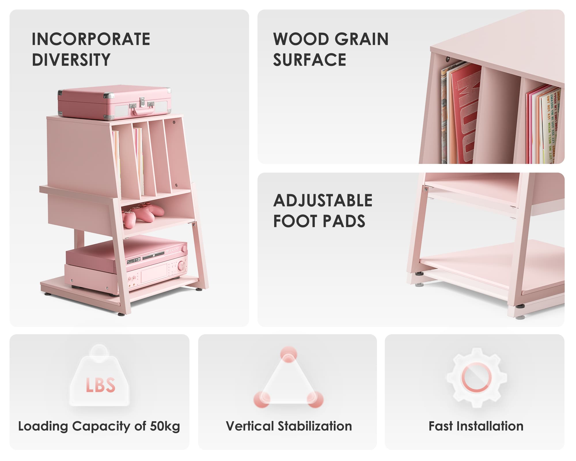 Pink HiFi stand with 50kg load capacity for integrated equipment storage