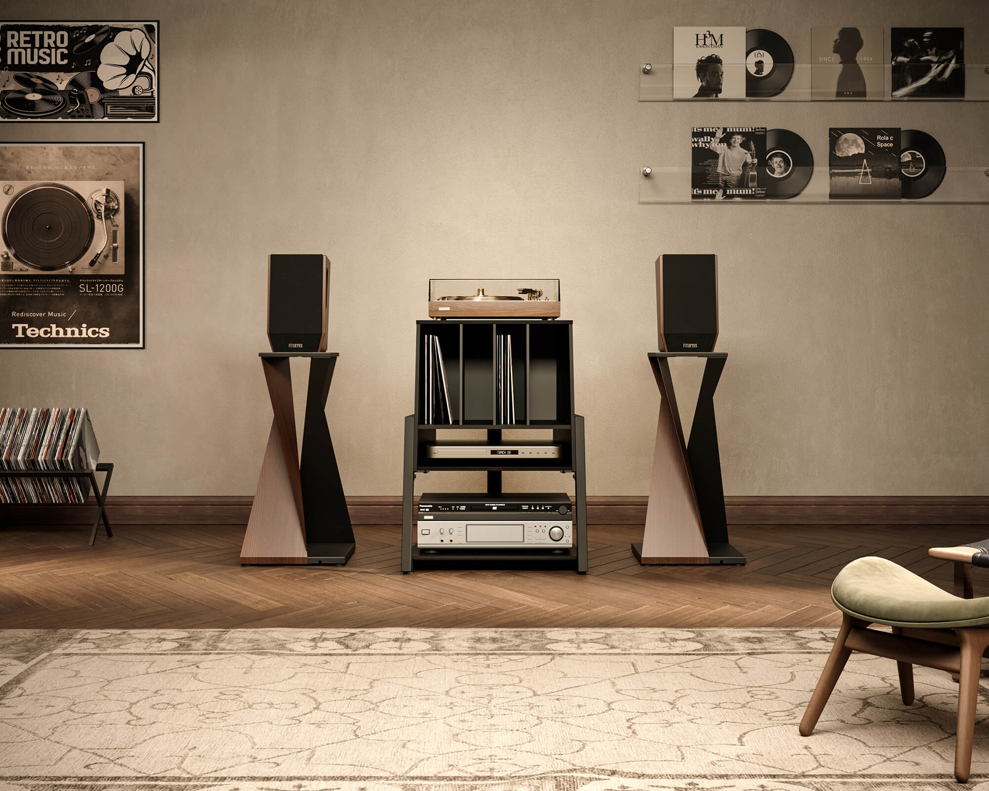Black Turntable stand stand in the studio.