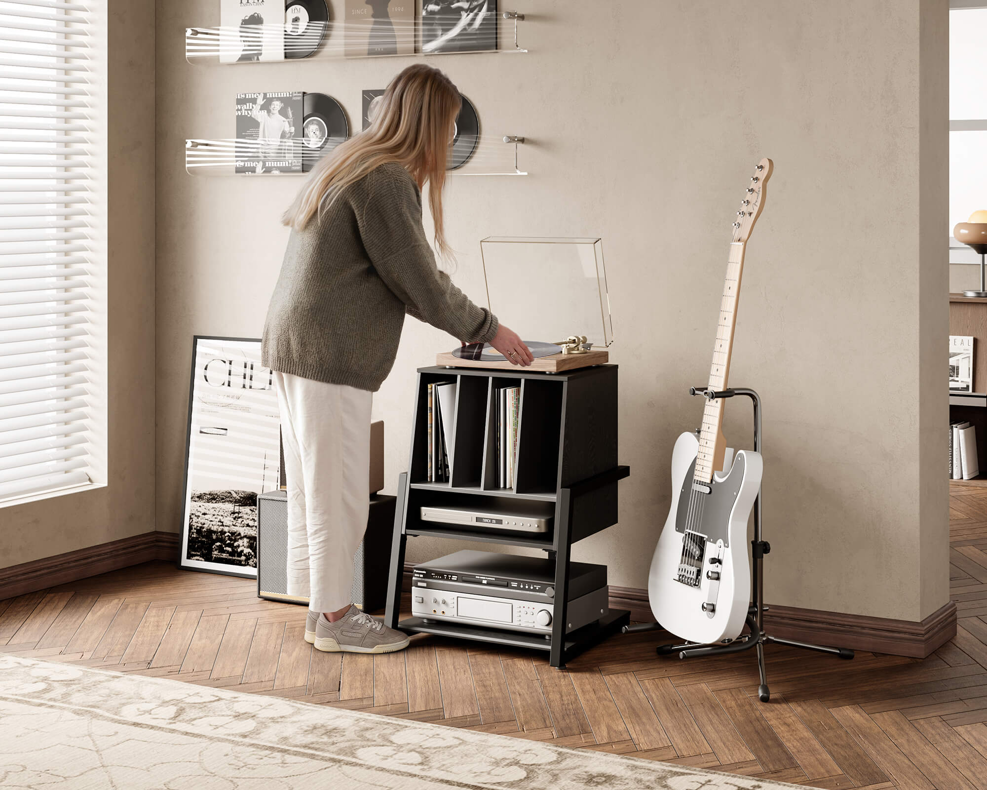 The black record player stand in the music corner.