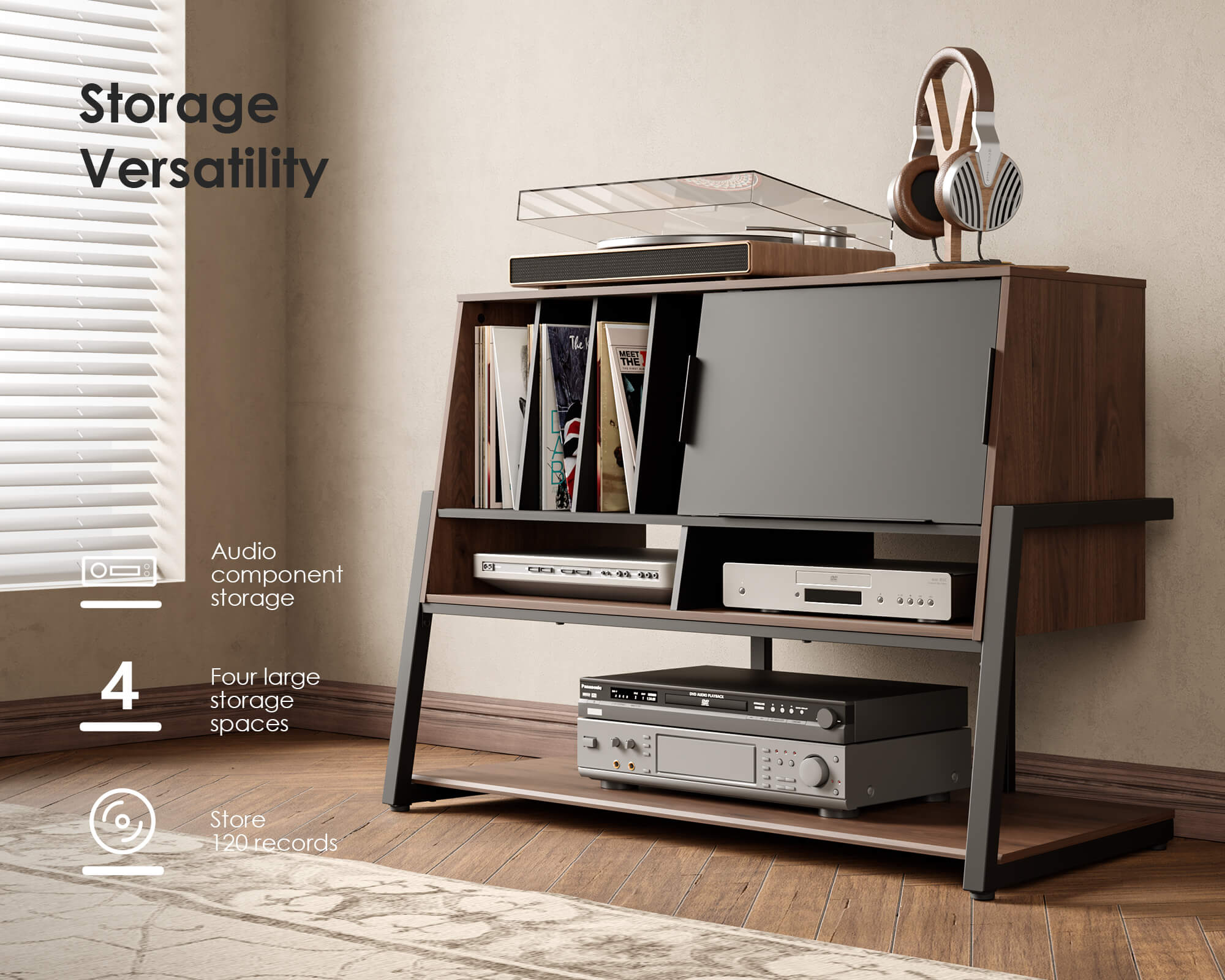 Audio Stand in Walnut with 4 levels of storage space