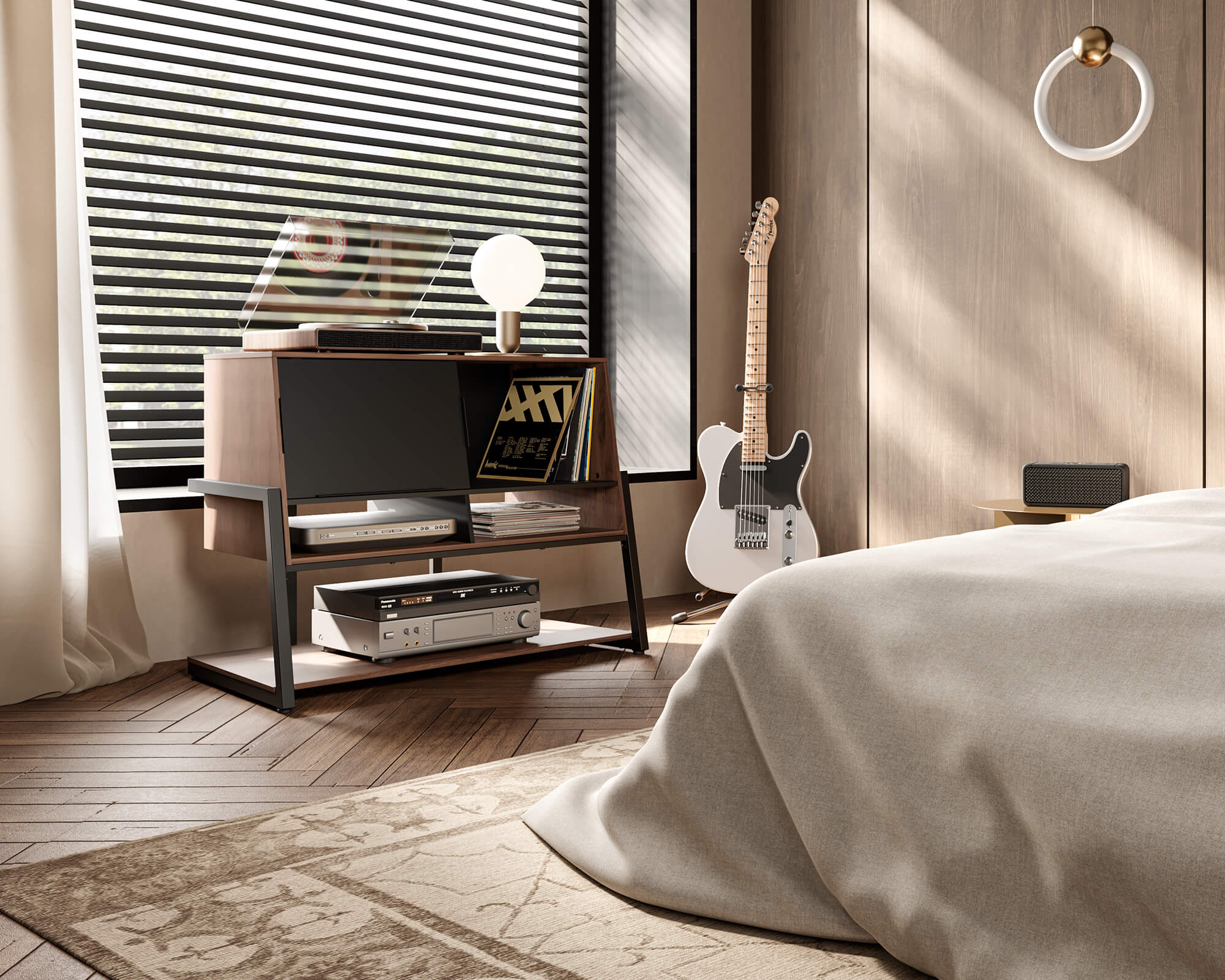 Walnut coloured record player stand by the bedroom window