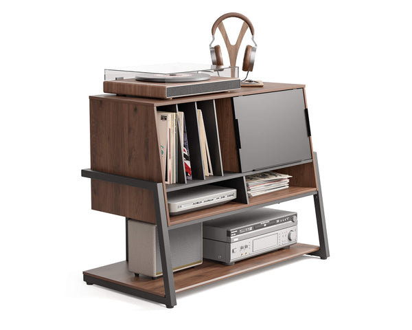 Aesthetically designed walnut coloured record player stand