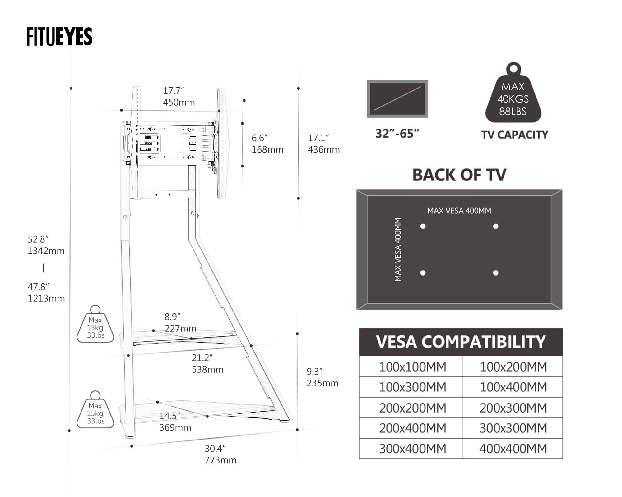 Dimension of 32-65 inches tv stand