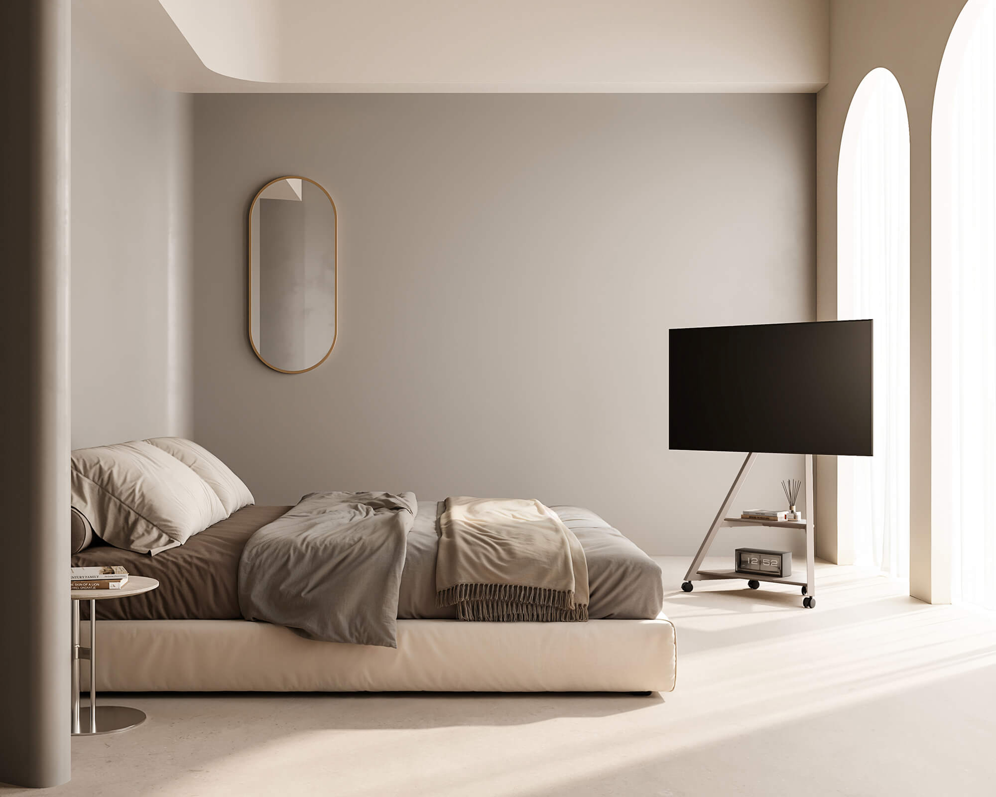 Elegant floor tv stand with wheels for flexible viewing in a UK bedroom