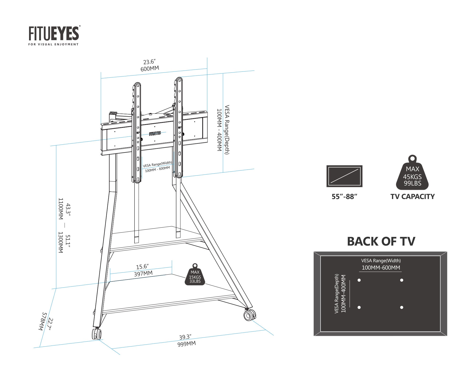 Eiffel V2 FT88 Floor TV Stand With Wheels