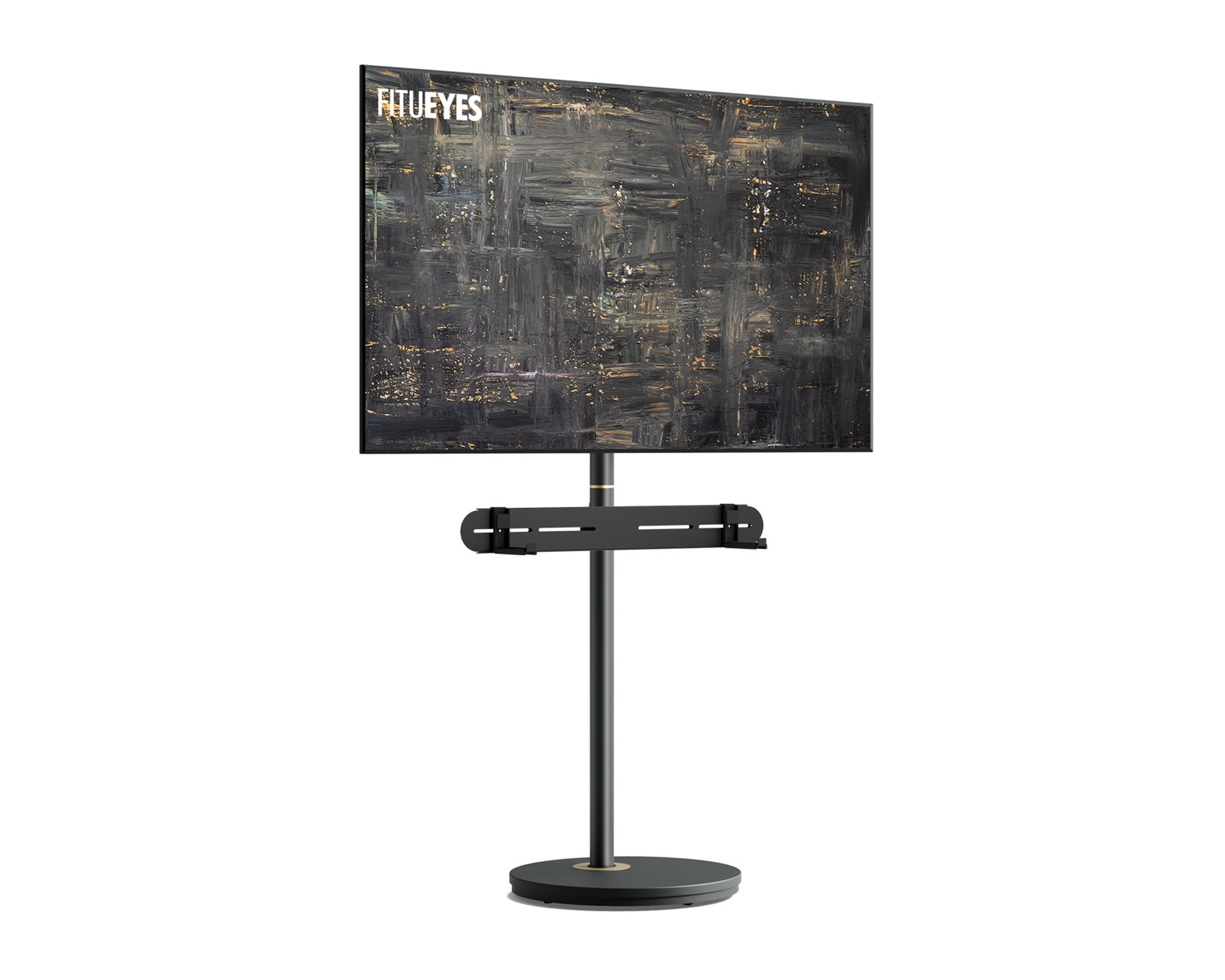 Black floor standing TV stand with a soundbar bracket