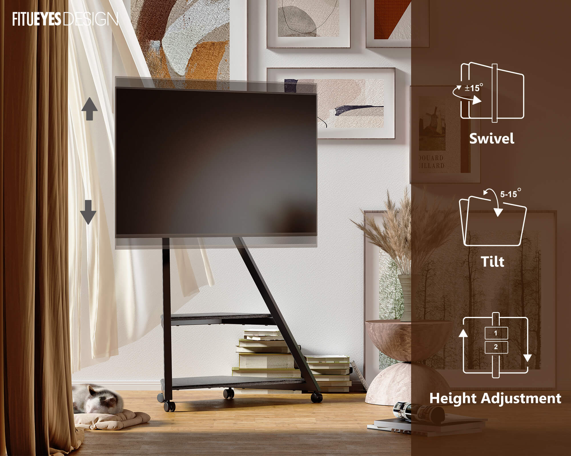 Black portable tv stand with wheels with swivel, tilt, height adjustment