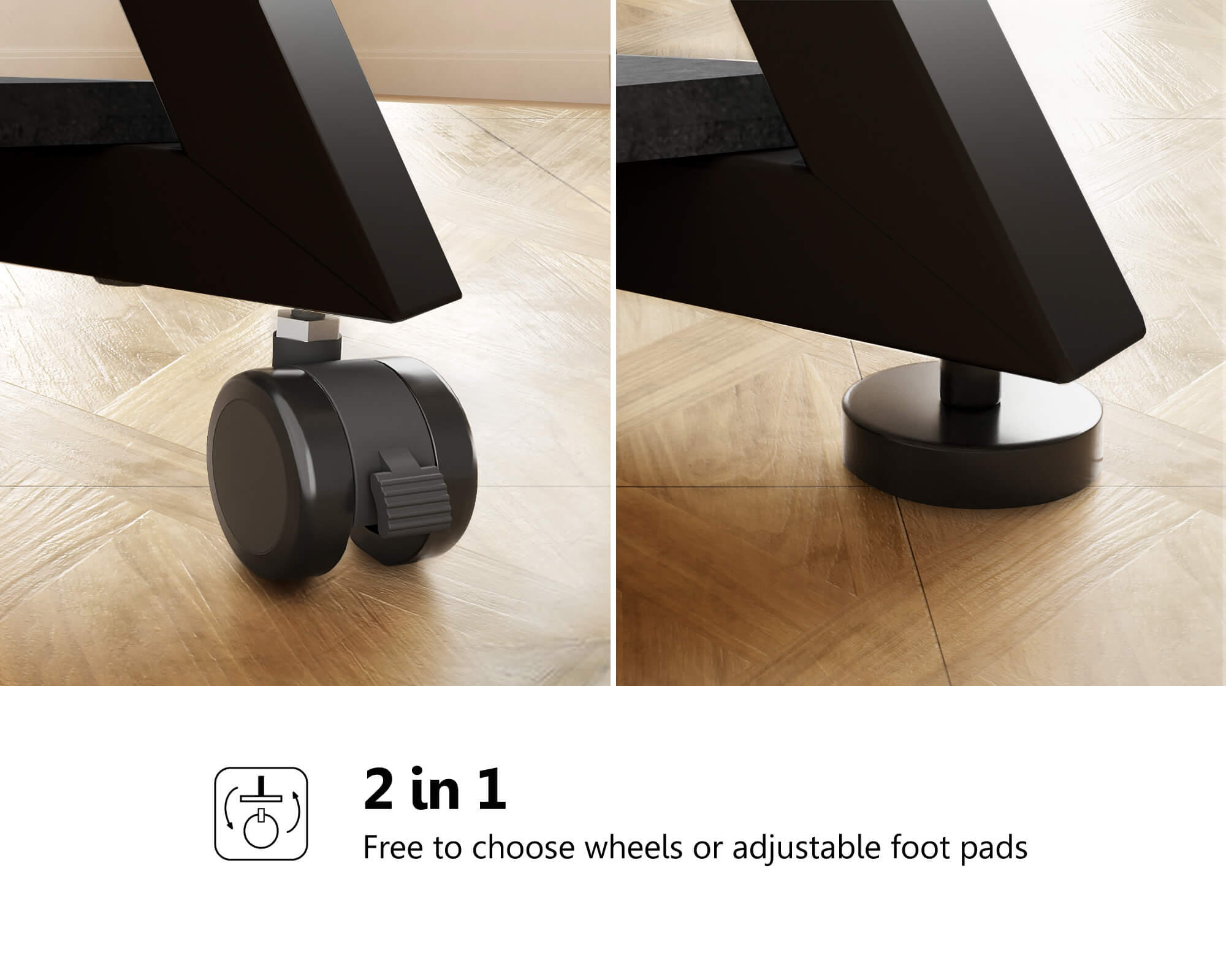 Black portable television stand with optional wheels or adjustable foot pads