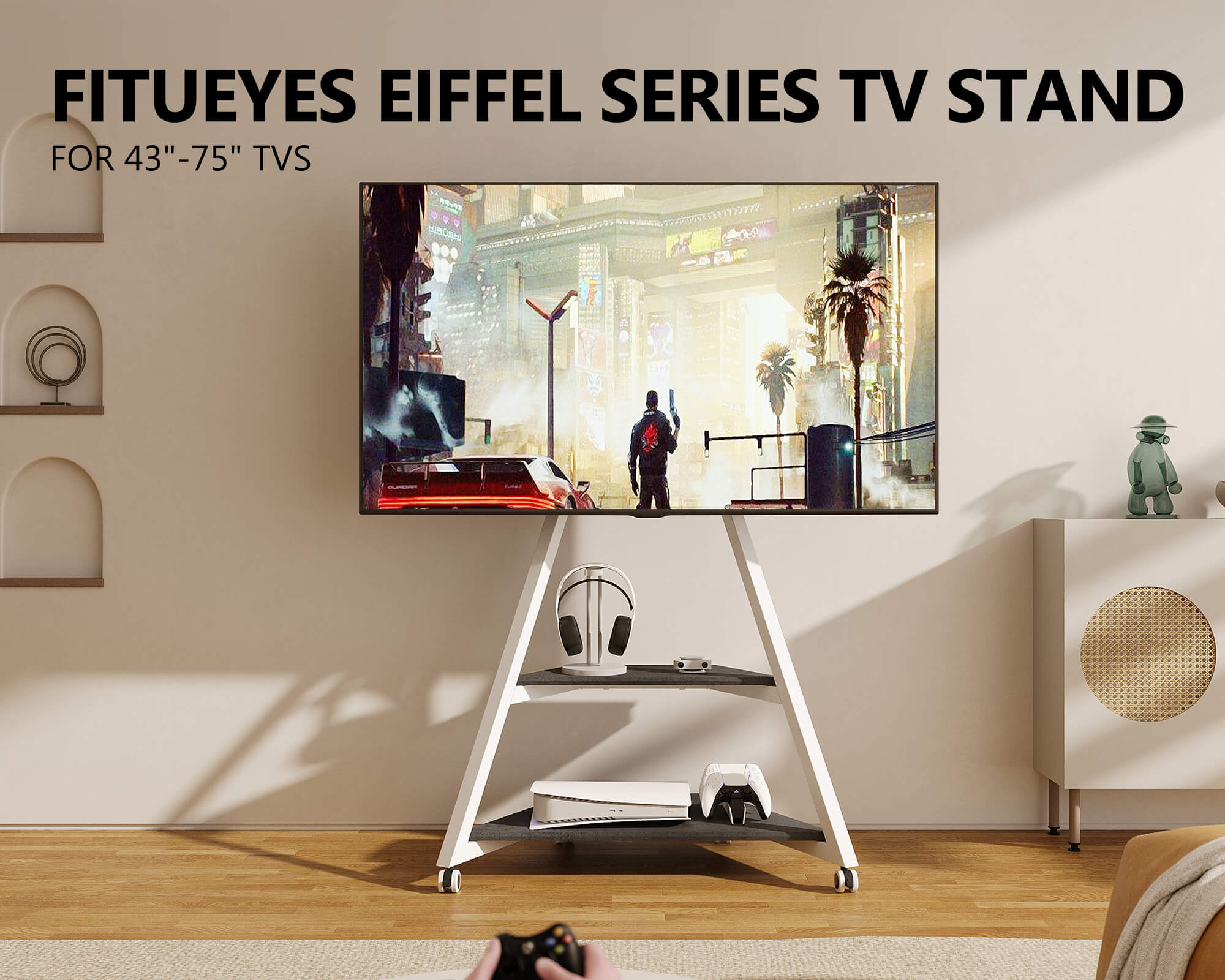 White portable television stand with wheels for 43-75 inches
