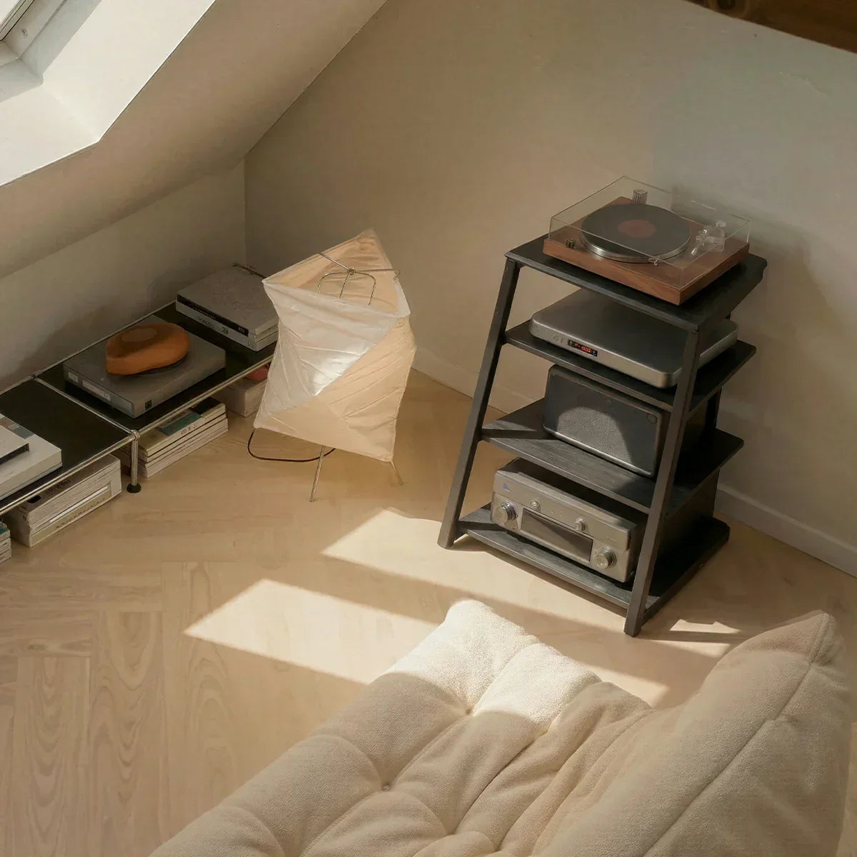 Record player stand with vinyl storage in a bedroom