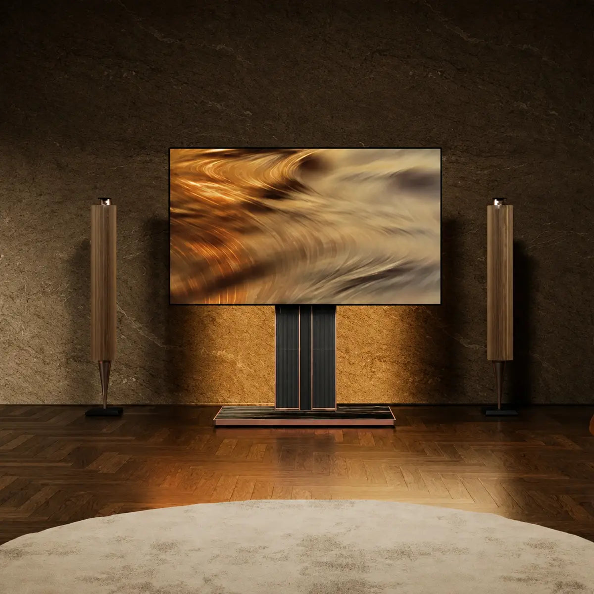 FITUEYES Cantor floor TV stand with speakers in a modern living room