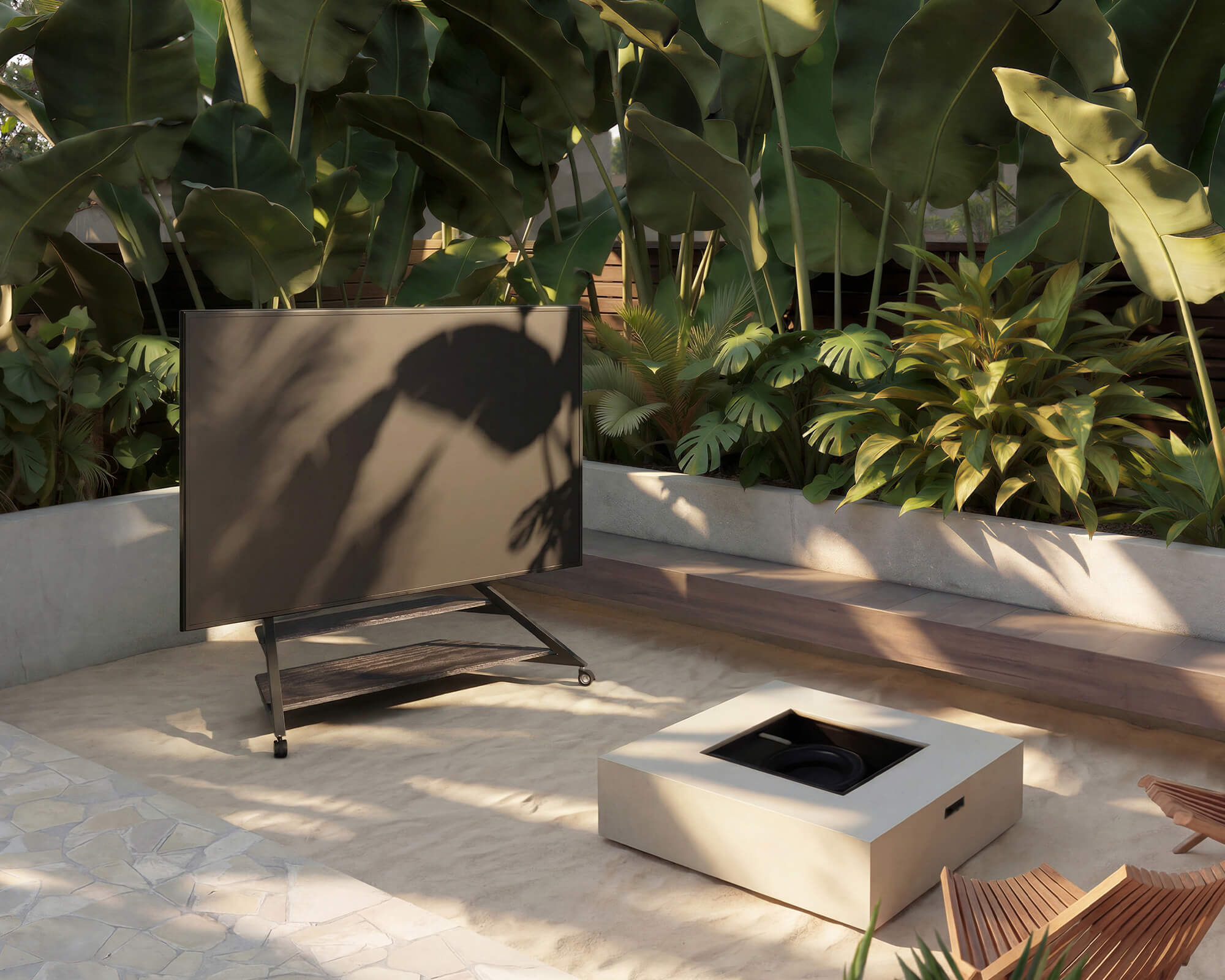 Stylish tv stand with wheels enabling easy movement across garden decking