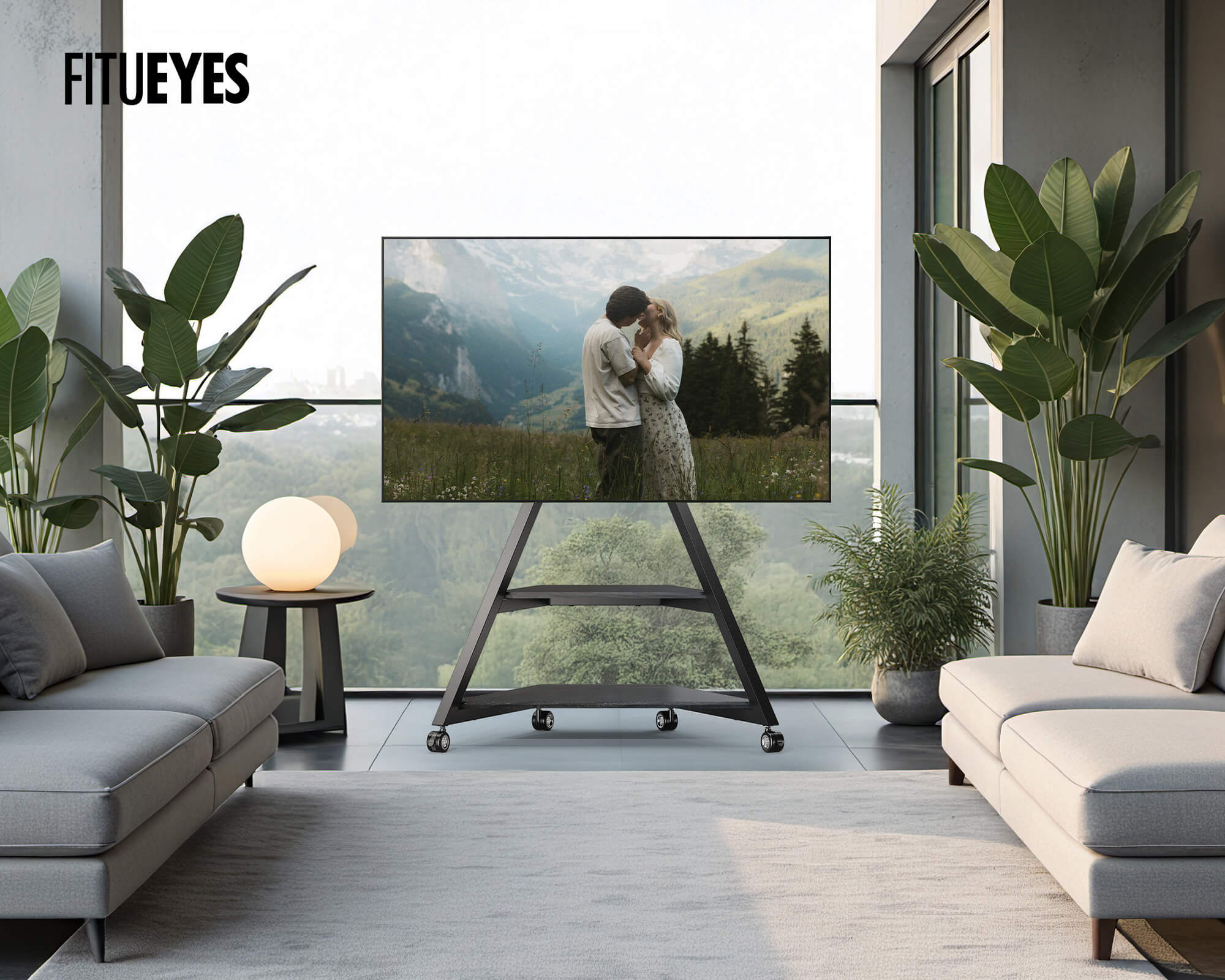 Functional tv stand on castors for flexible patic entertainment space