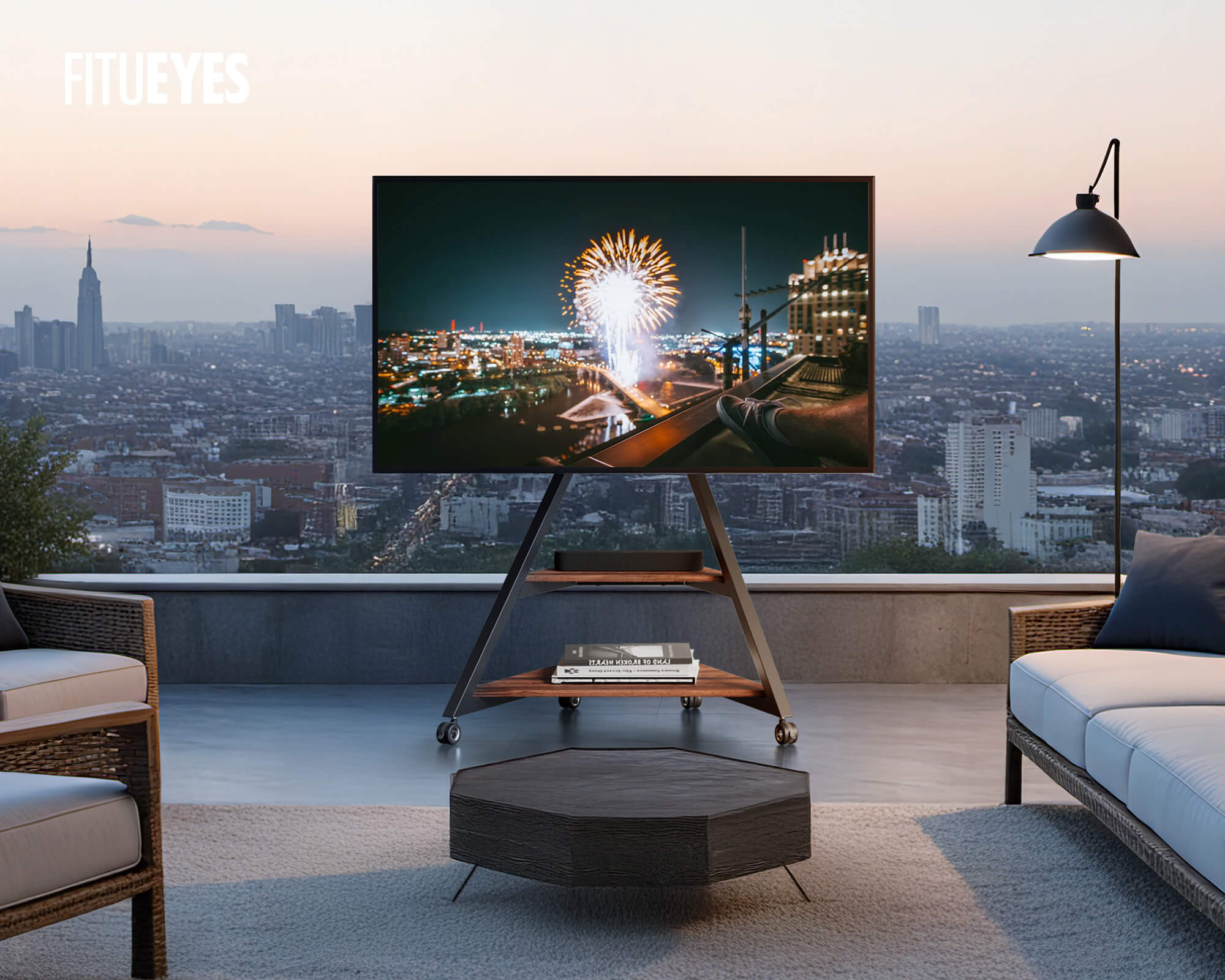 Simple tv stand with wheels supporting a flat screen TV in an open terrace space