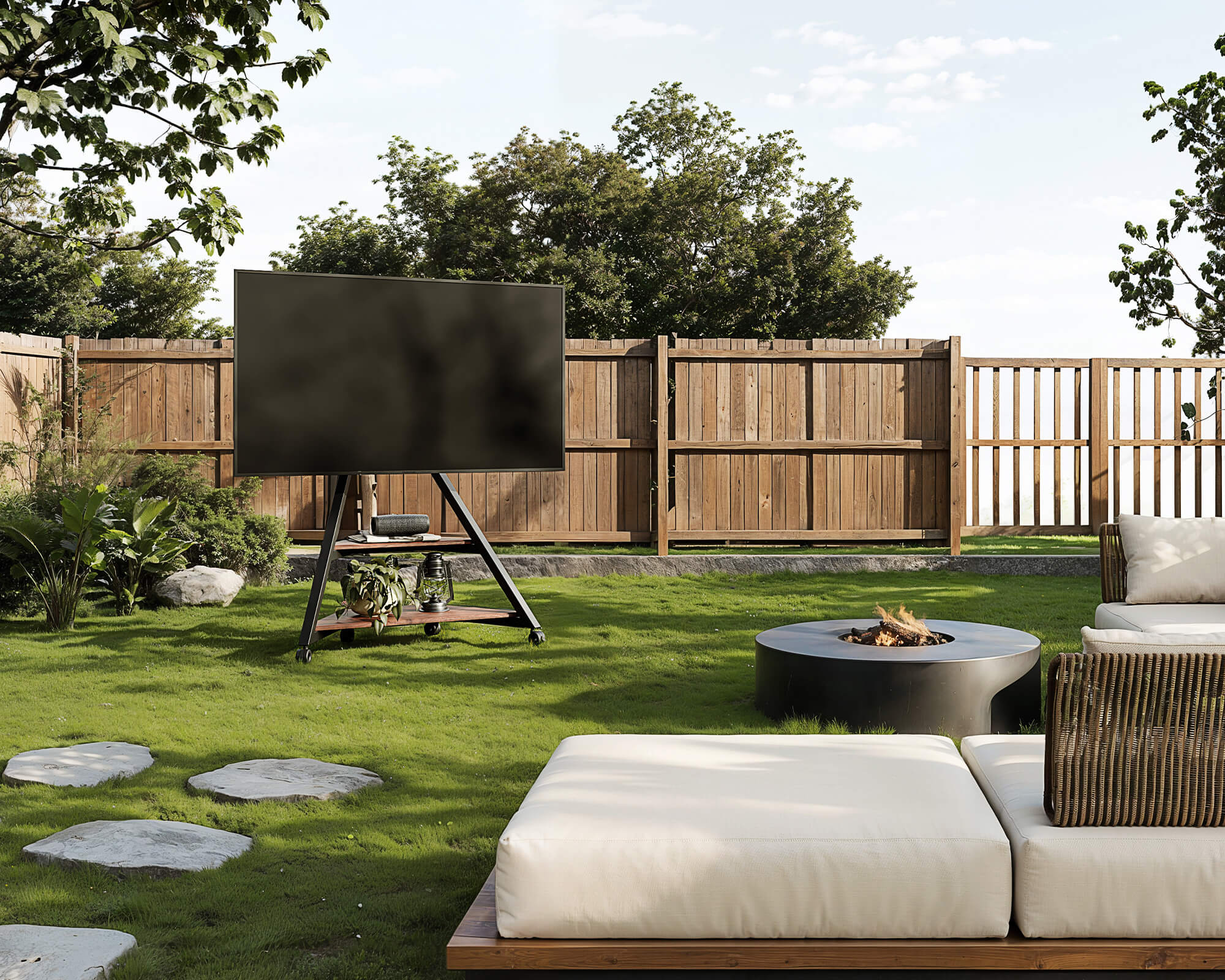 Outdoor tv stand positioned beside a garden sofa set in a contemporary home