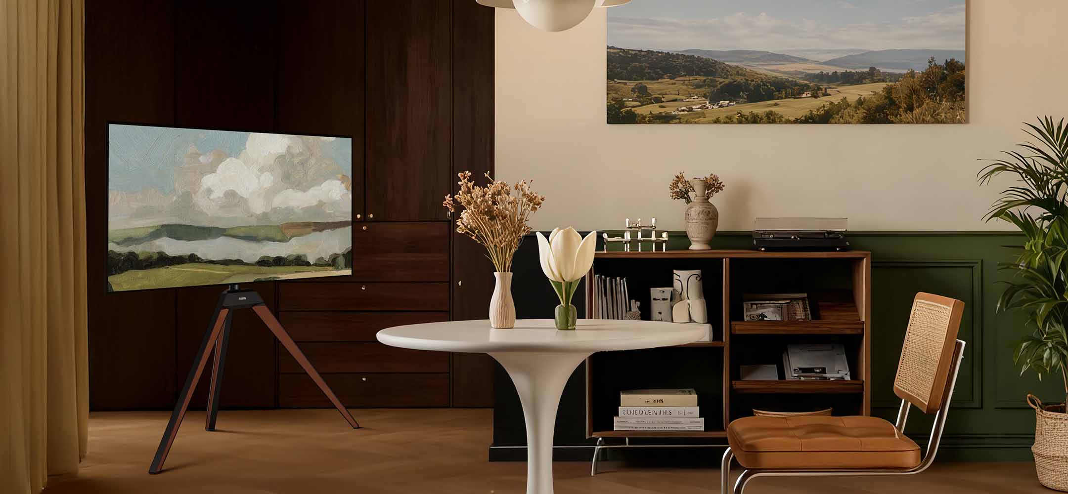 Art tv stand for 65 inch television in the living room corner