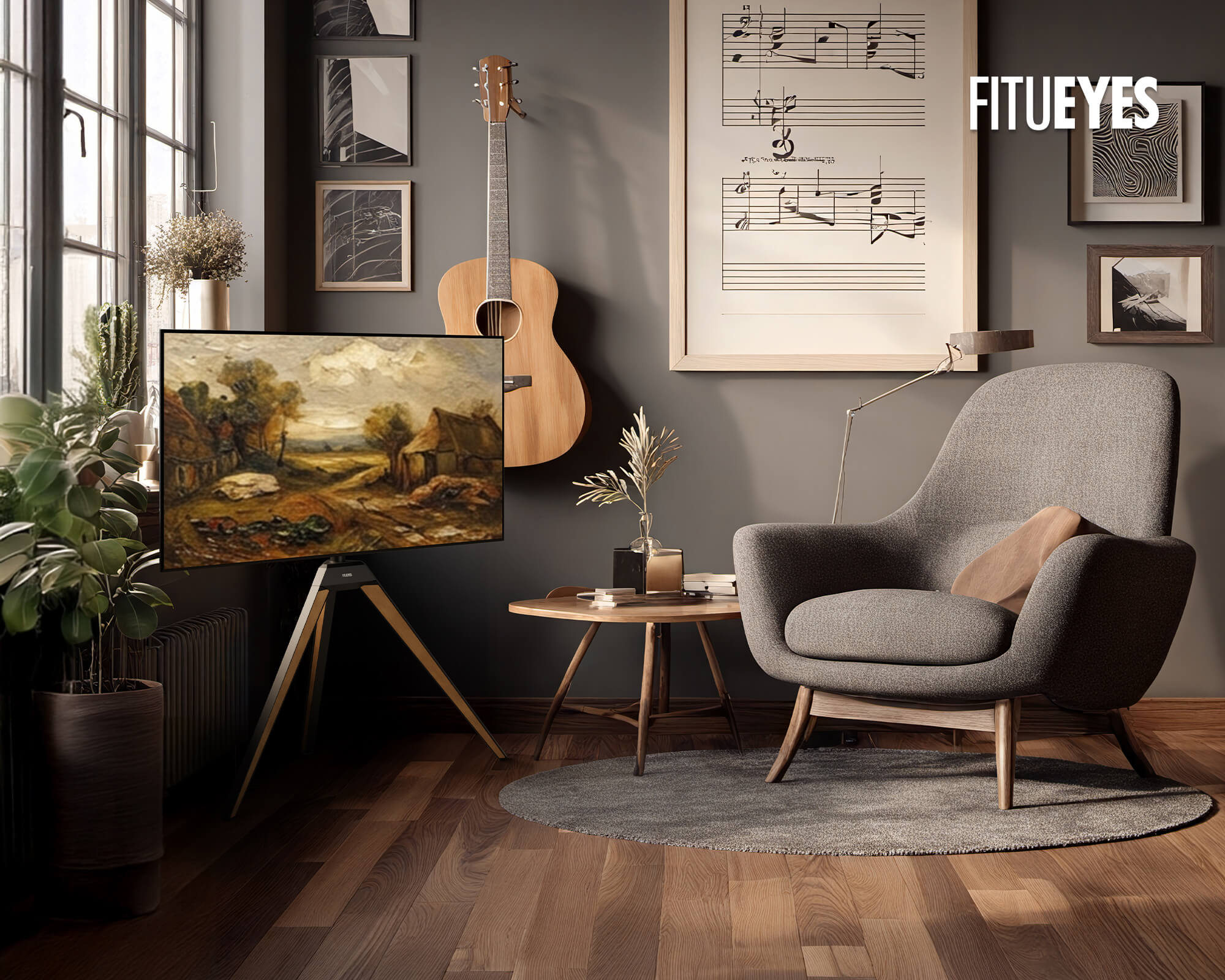 Easel TV stand in the music corner