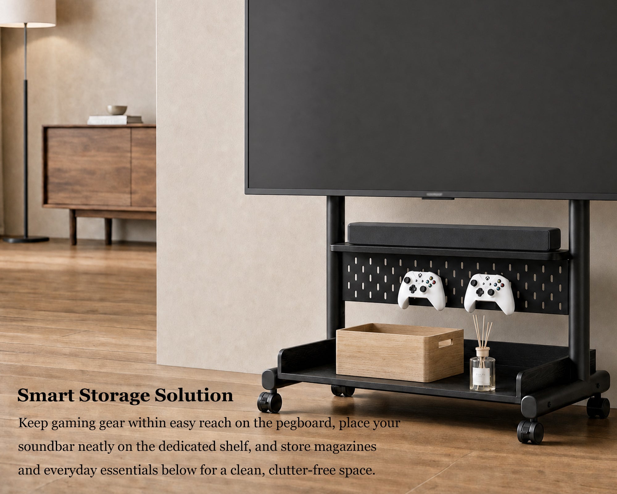 Black K TC85 rolling TV trolley with smart storage for controllers and media devices