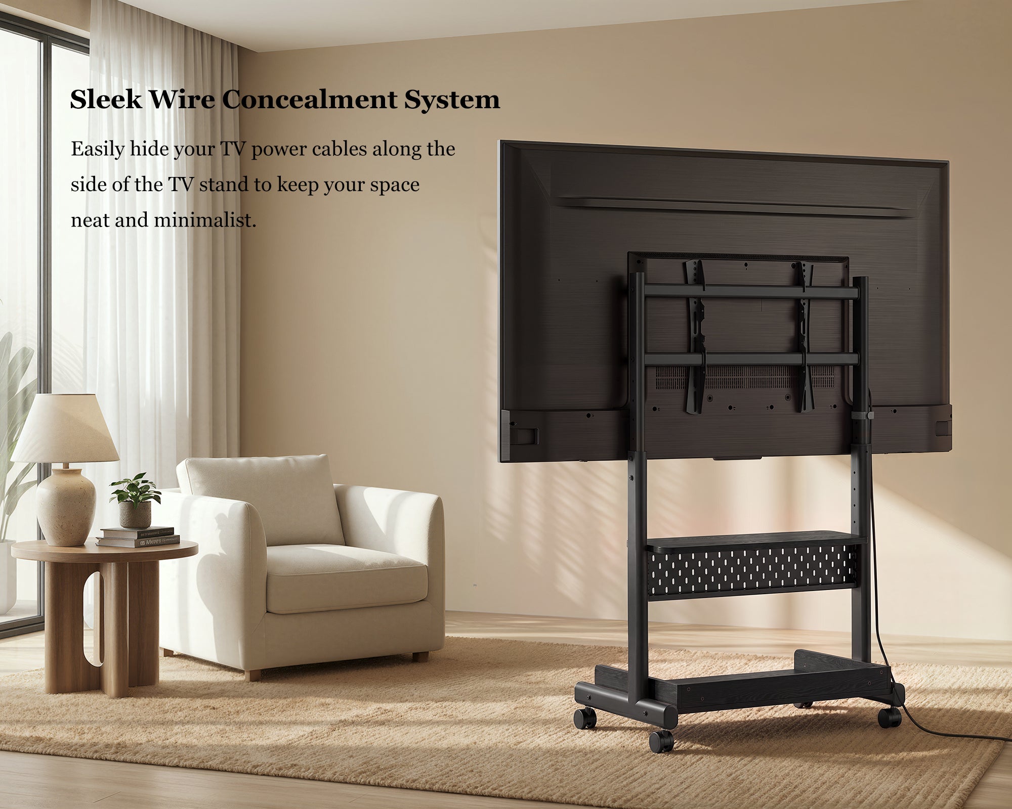 Rear view of the black K TC85 floor TV stand showing concealed cable routing